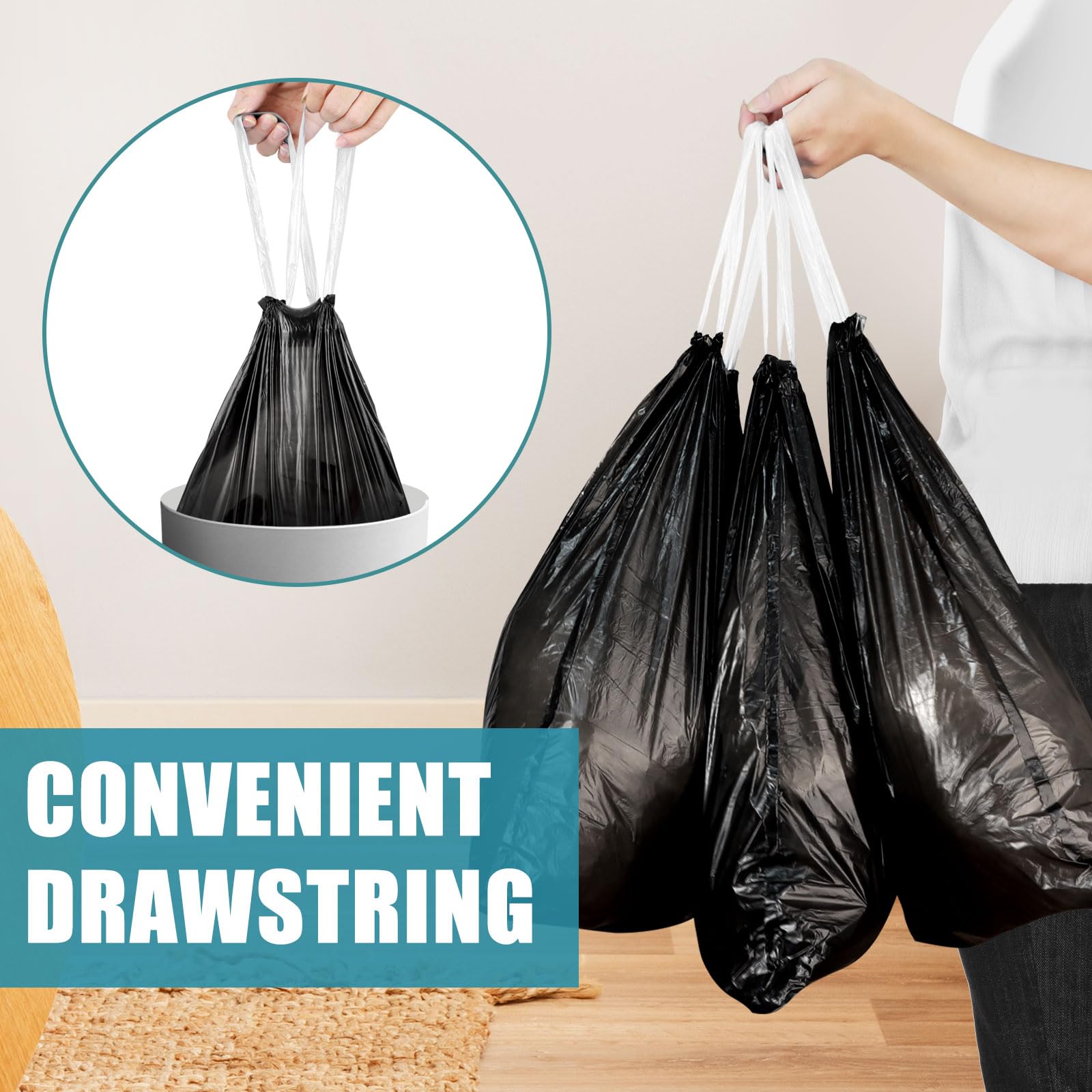 JUKFITA 4 Gallon Small Trash Bags 100 Count - Drawstring Kitchen & Bathroom Garbage Bags, Unscented Black Waste Bags for Office, Bedroom, Dorm & RV Use