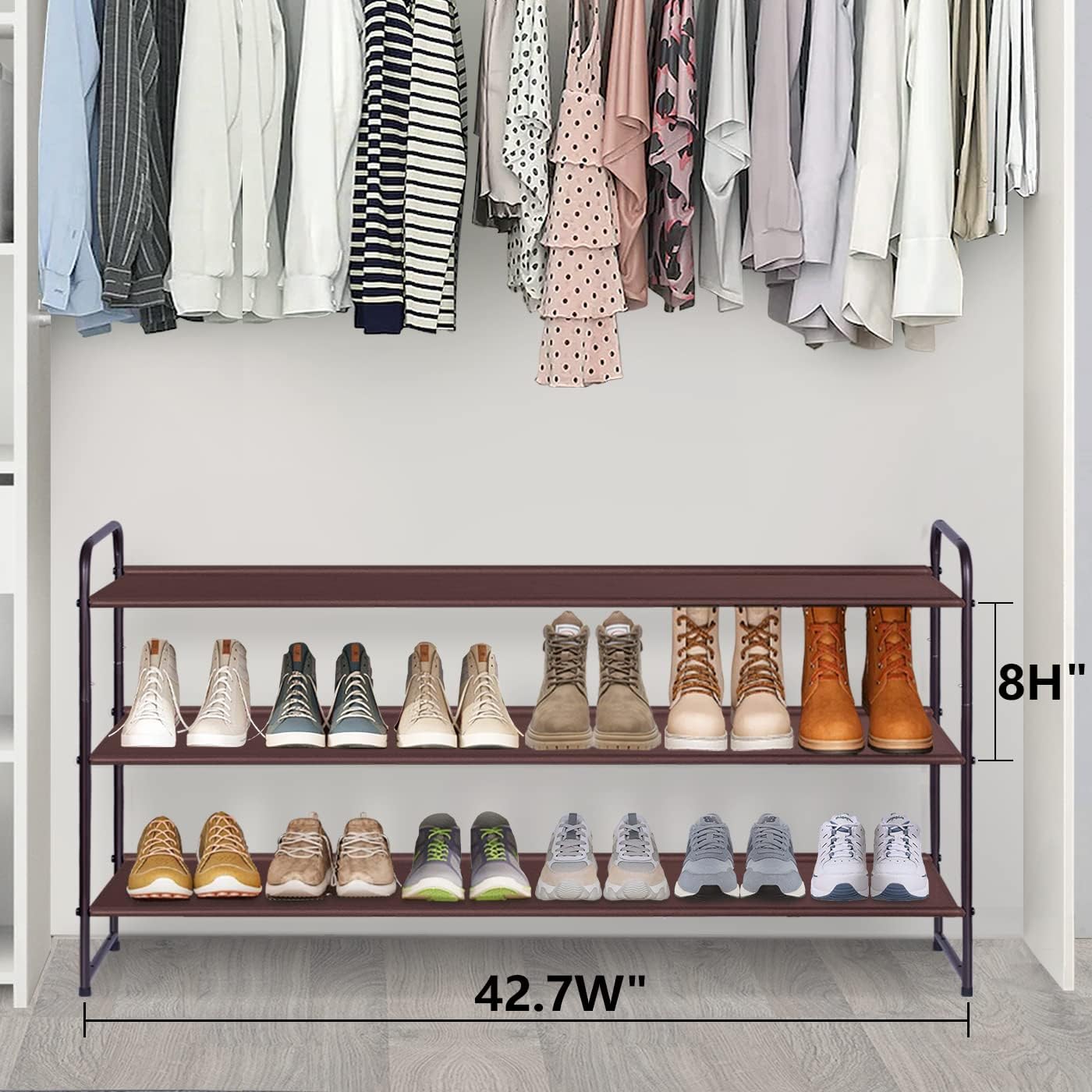 AOODA 3-Tier Stackable Shoe Rack for Closet - Wide Shoe Shelf & Baseball Cap Organizer - Space Saving Storage Solution for Shoes, Hats & Accessories - Perfect for Bedroom, Entryway or Closet Organization