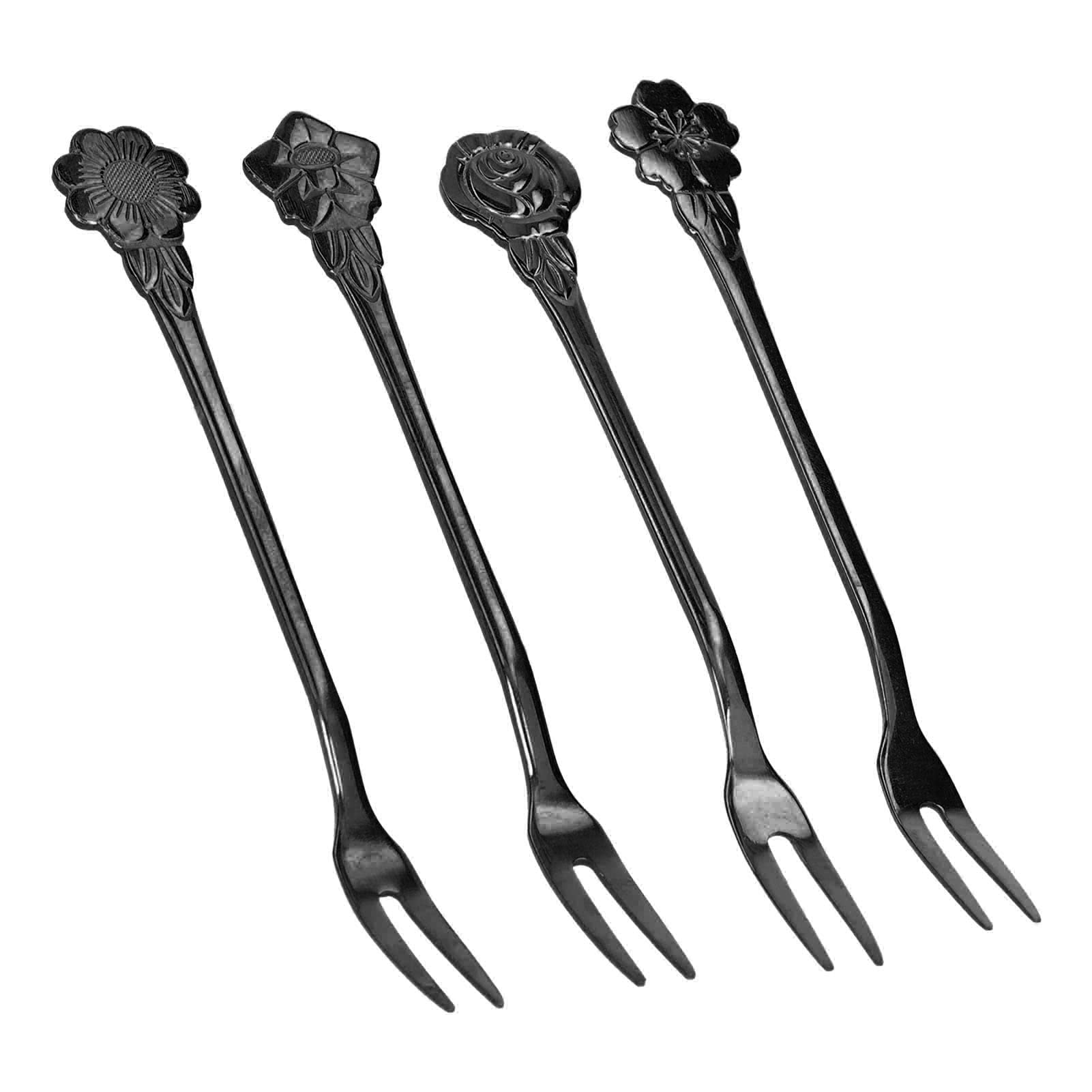 4-Piece Stainless Steel 2-Prong Fruit Forks - Mini Salad & Dessert Tasting Forks for Home, Kitchen, Party - Durable Ruthenium Black (Perfect for Fruit Platters, Cheese Boards & Appetizers)