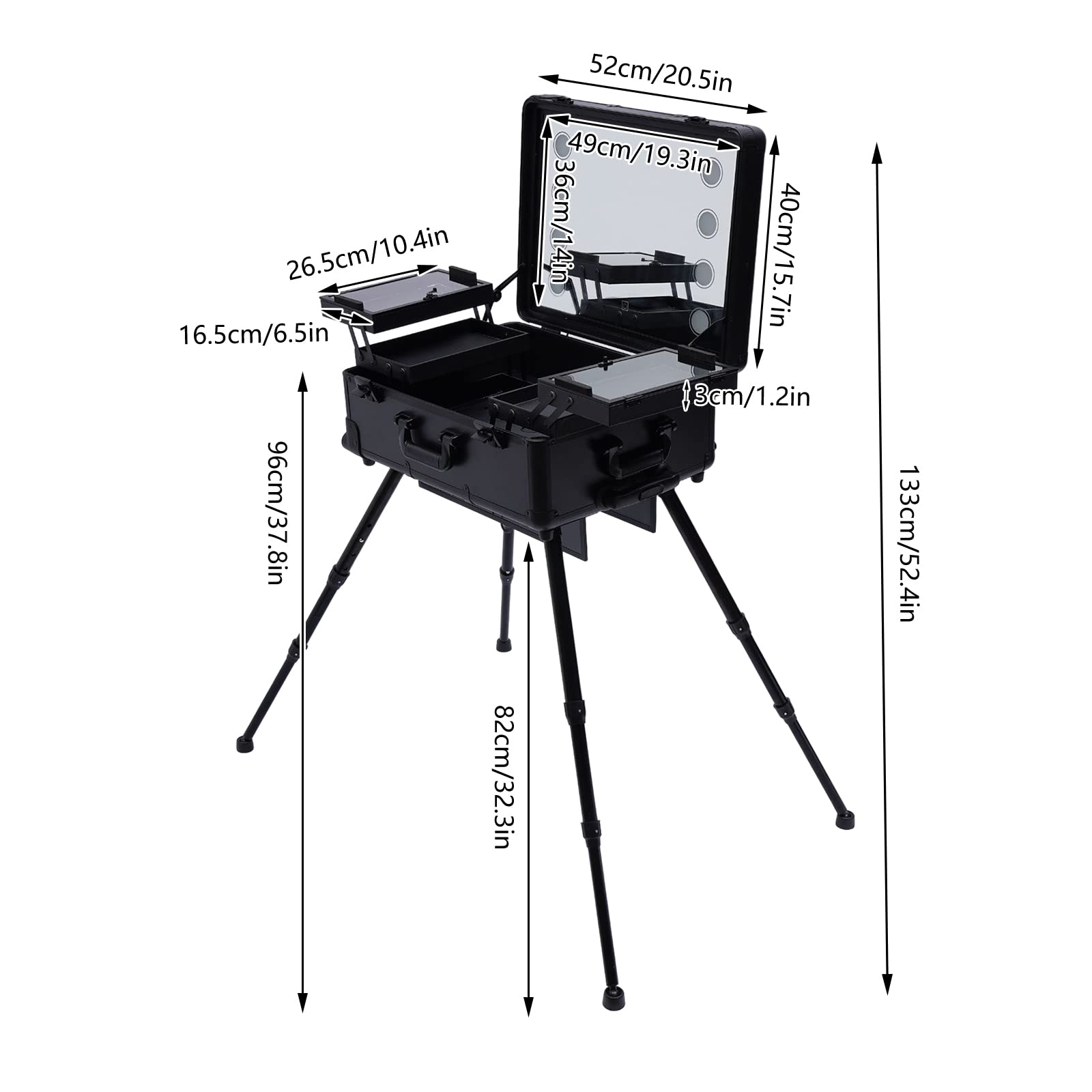 Professional Makeup Train Case with 4 Rolling Wheels, LED Lights & Mirror - Portable Cosmetic Station for Makeup Artists (Black) | Perfect for Salon, Home Beauty & On-the-Go Makeup Application