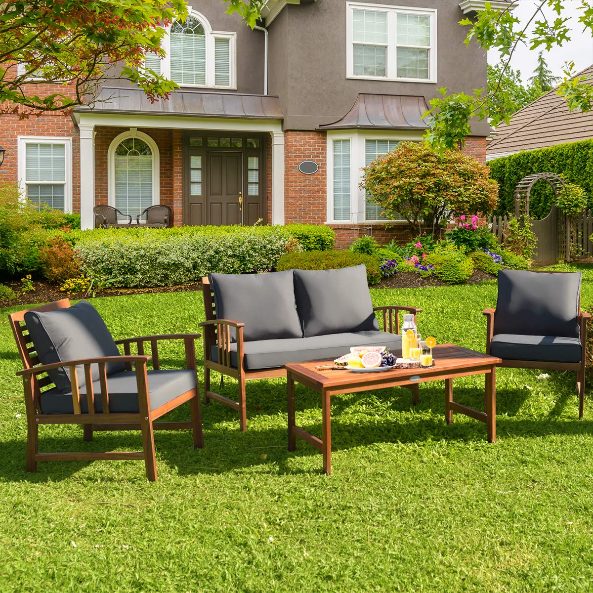 Tangkula 4-Piece Acacia Wood Outdoor Patio Furniture Set with Gray Cushions & Back Pillows - Durable Garden Conversation Set with Coffee Table for Backyard, Poolside, Deck & Patio Relaxation