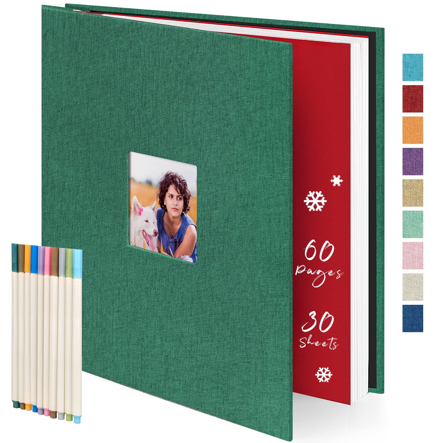 Magnetic Scrapbook Photo Album DIY - 60 Blank Self-Adhesive Pages (13x12.6 Inch) Dark Green Linen Cover - Holds 4x6, 8x10 & 10x12 Photos - Includes 10 Metallic Pens - Perfect for Family Memories, Wedding Albums & Creative Scrapbooking Projects