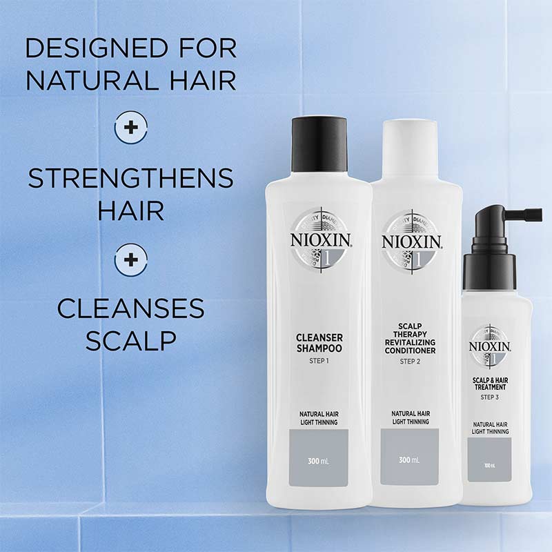 Nioxin System 1 Hair Care Kit for Thinning Hair - 3-Piece Shampoo, Conditioner & Scalp Treatment Set for Men & Women - Perfect for Daily Hair Growth Routine & Thicker Looking Hair