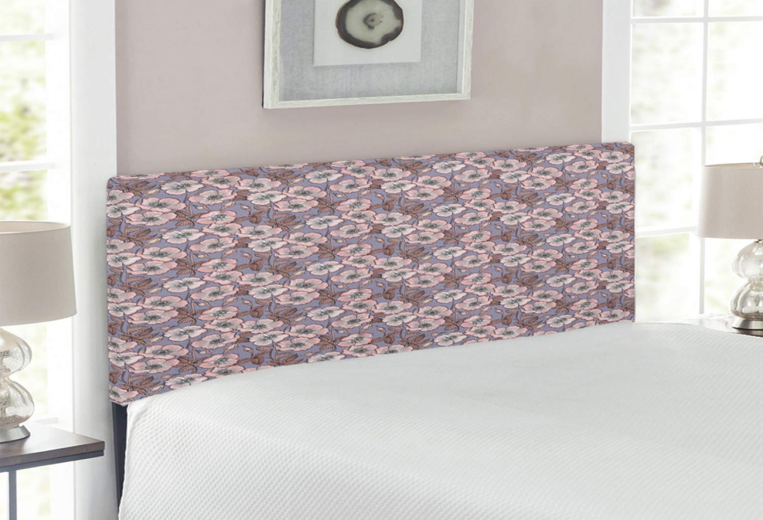Lunarable Full Size Upholstered Metal Bed Headboard with Memory Foam - Blooming Poppy Flowers Hand-Drawn Romantic Design in Mauve & Pale Coral | Perfect for Bedroom Decor, Guest Rooms & Cozy Home Makeovers