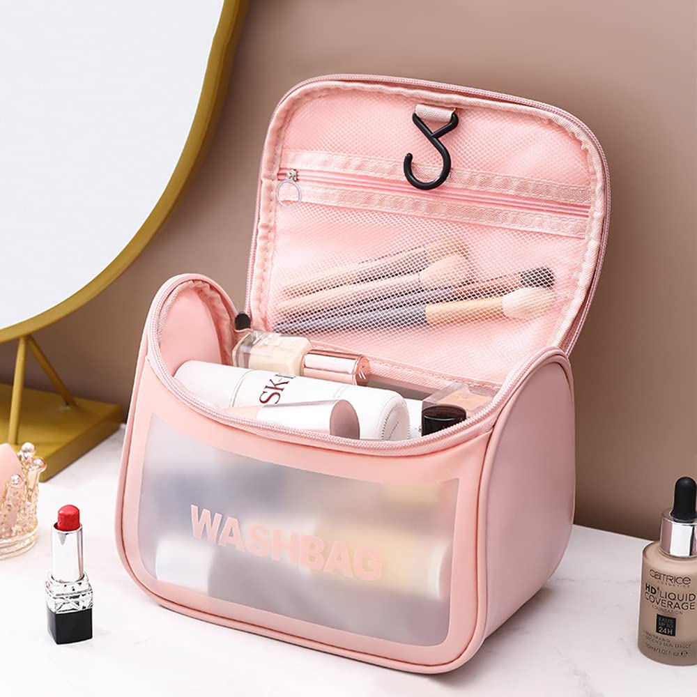 MMQ Clear Waterproof PVC Travel Makeup Bag - Hanging Toiletry Organizer for Women & Girls, Translucent Wide-Open Cosmetic Wash Bag (Pink) - Perfect for Travel, Gym, Beach & Daily Use