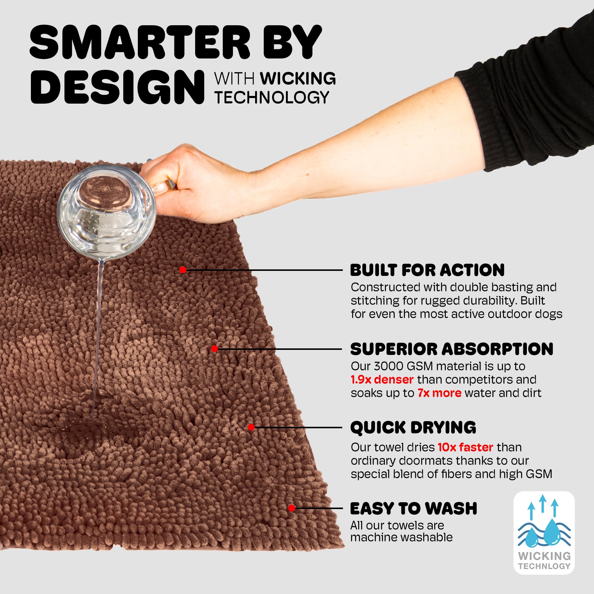 Dog Gone Smart Dirty Dog Doormat - Super Absorbent, Fast Drying Rug with Non-Slip Backing for Muddy Paws - Machine Washable Pet Entry Mat in Mocha Brown - Perfect for Front Door, Backyard & High Traffic Areas