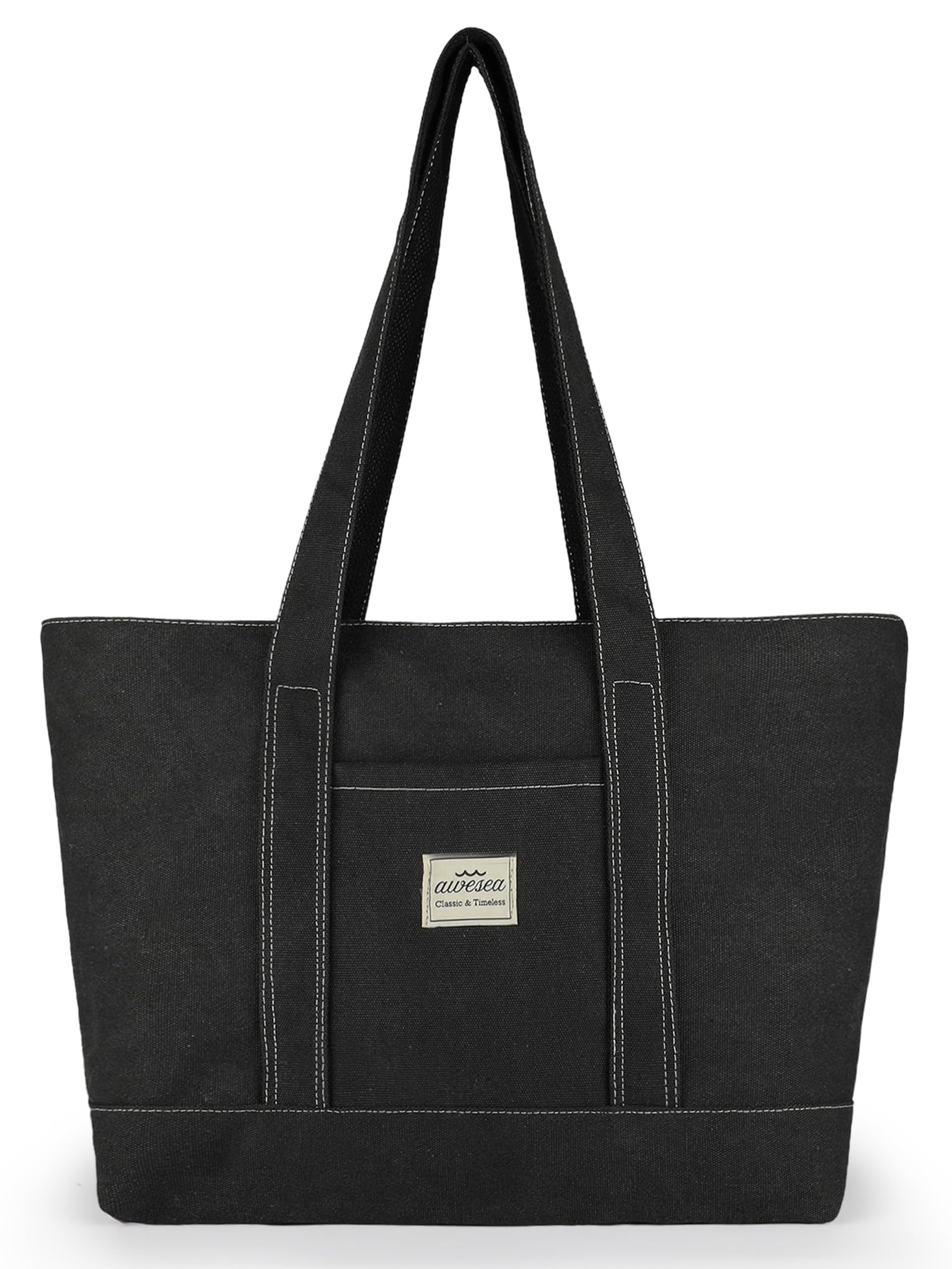 Stylish Large Canvas Tote Bag with Zipper for Women - Durable & Spacious Shoulder Bag with Front Pocket - Perfect for Work, Travel, Shopping & Beach Day Essentials
