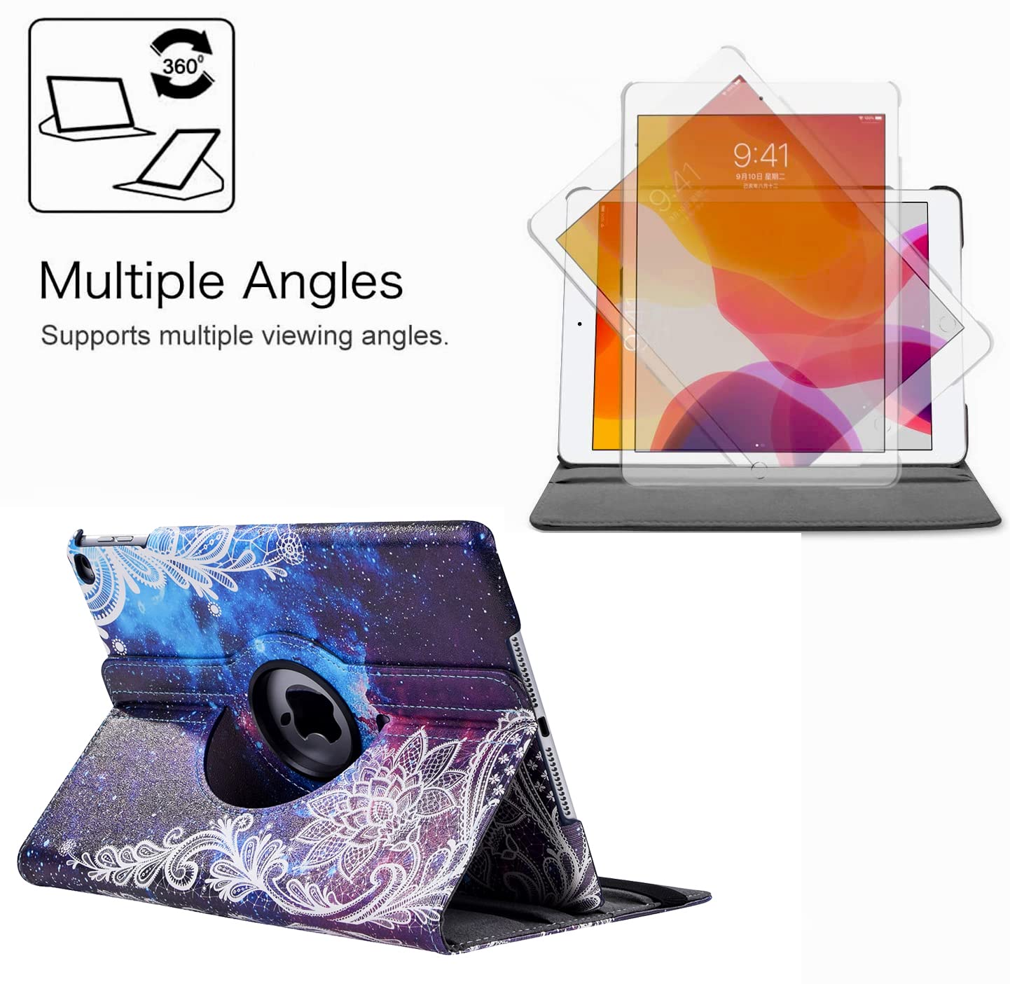 360° Rotating iPad Case for iPad 9.7 Inch (6th/5th Gen) & iPad Air 2 - Protective Stand Cover with Auto Sleep/Wake Function | Perfect for Work, Study & Entertainment (Galaxy Flower Design)