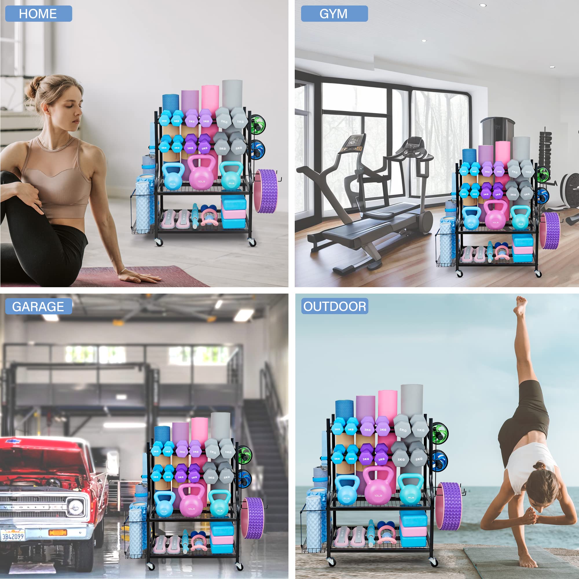 Dumbbell Rack & Yoga Mat Storage Organizer - Heavy Duty Home Gym Equipment Stand for Dumbbells, Kettlebells & Exercise Mats | Space-Saving Workout Gear Storage with Wheels | Perfect for Home Gym, Garage & Fitness Studio Organization