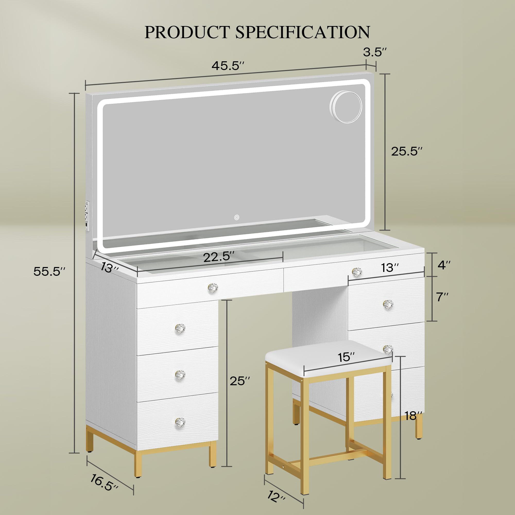 DWVO Vanity Desk with LED Lighted Mirror, Power Outlet & Magnifying Glass - 8 Drawers Makeup Dressing Table with 3 Color Modes, White | Perfect for Bedroom, Dressing Room & Home Salon Organization