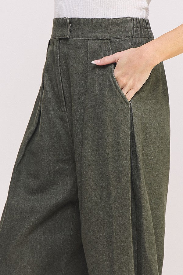 Olive Wash Barrel Leg Trousers for Women - High Waisted Wide Leg Pants | Comfortable Stretch Fabric | Perfect for Casual Wear, Office & Travel