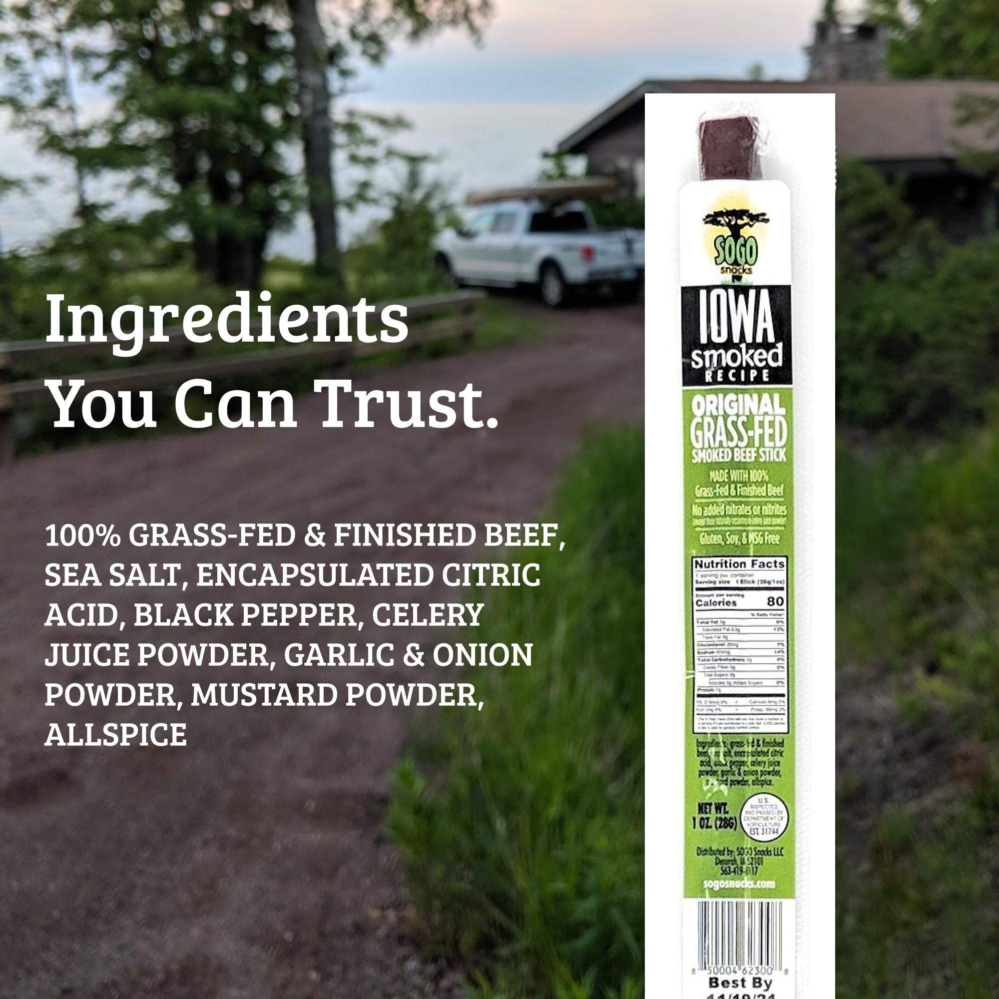 Sugar Free Beef Jerky Sticks - Non-GMO Grass Fed, No Nitrates, Gluten, Soy, MSG, Dairy or Nuts - Paleo, Whole30 & Keto Friendly Snacks - Iowa Smoked Recipe by Sogo Snacks (144 Count) - Perfect for Hiking, Camping, Road Trips & Low-Carb Diets