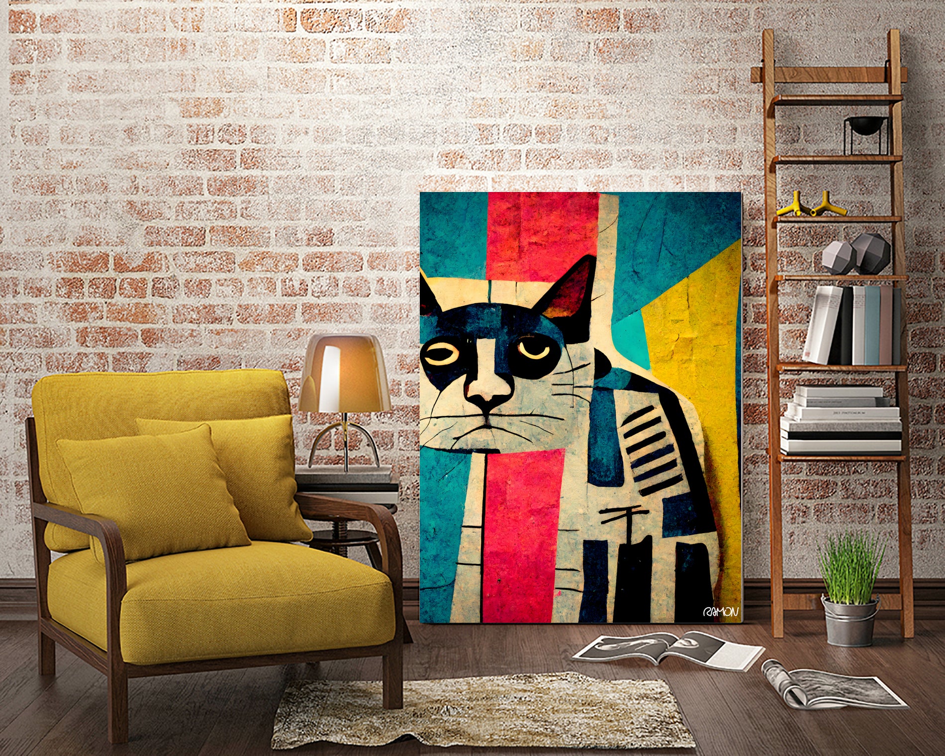 Abstract Art Cat Wall Decor - Modern Handmade Canvas Painting for Home & Office - Perfect for Living Room, Bedroom, and Gift Giving