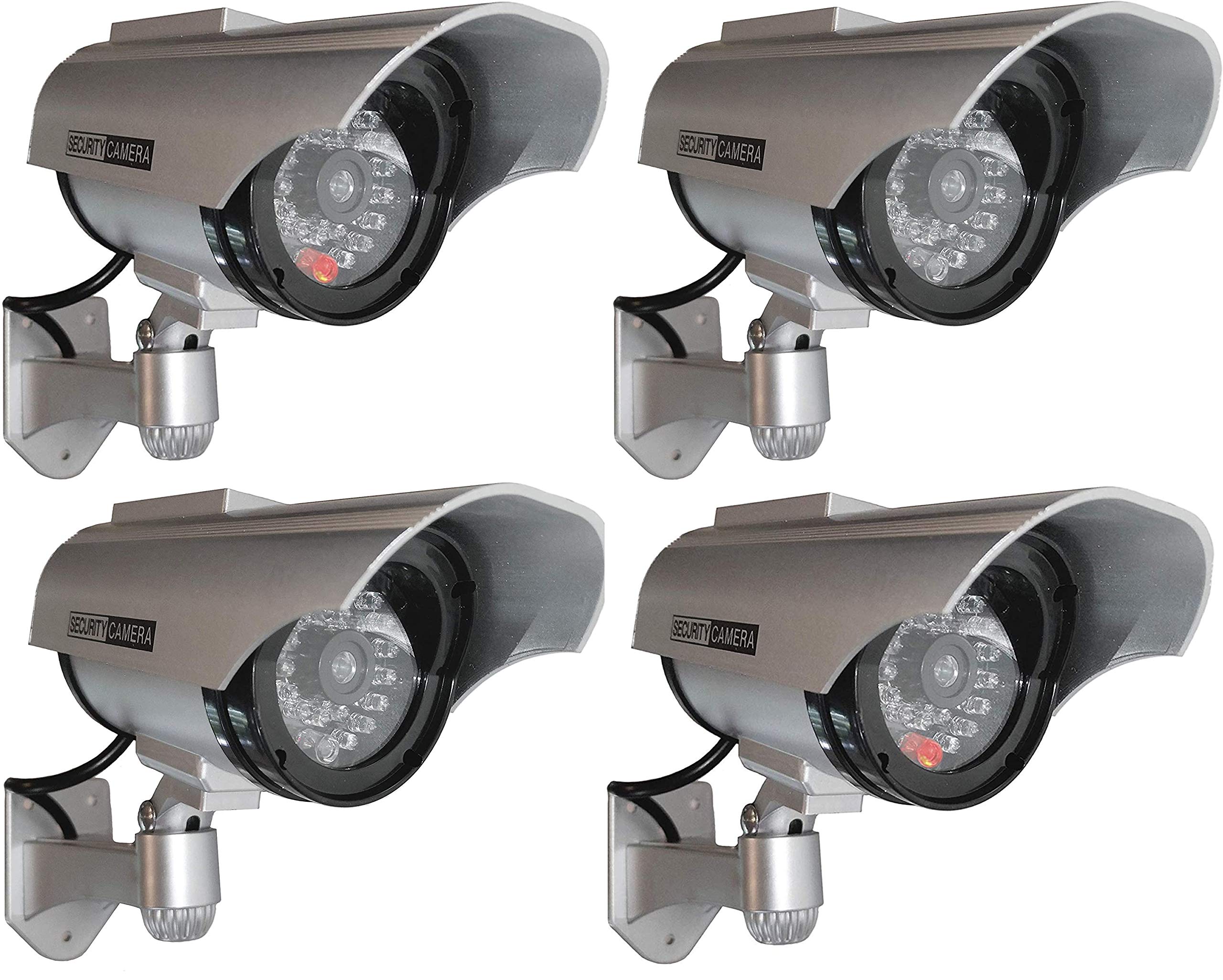 4 Pack Solar Dummy Security Cameras with LED Flashing Light - Outdoor Fake Surveillance Camera with Realistic Lens - Deter Burglars for Home, Business & Warehouse Security (Weatherproof Design)