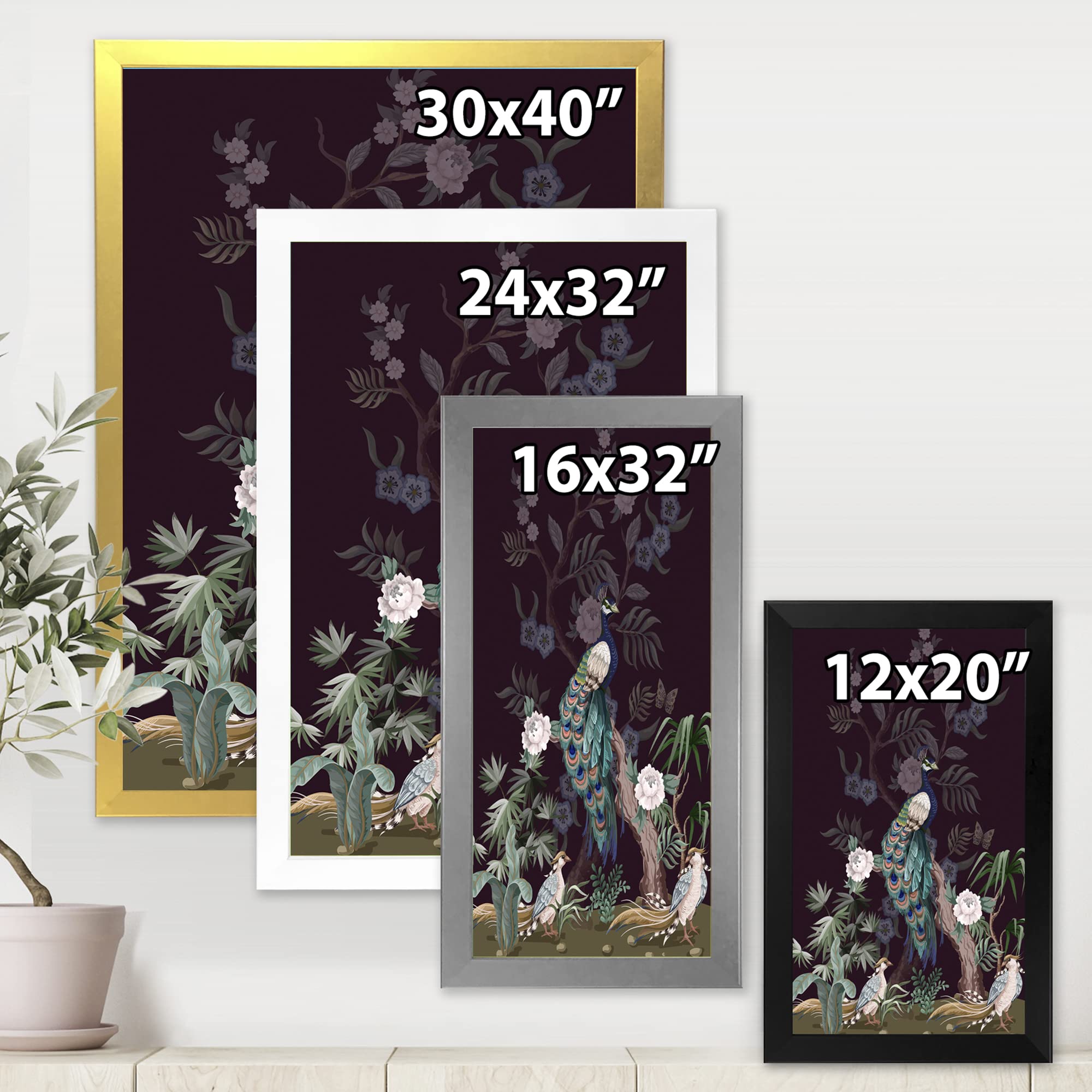 DesignQ Chinoiserie Wall Art with Birds & Peonies - Traditional Framed Canvas Painting for Living Room, Bedroom & Office Decor