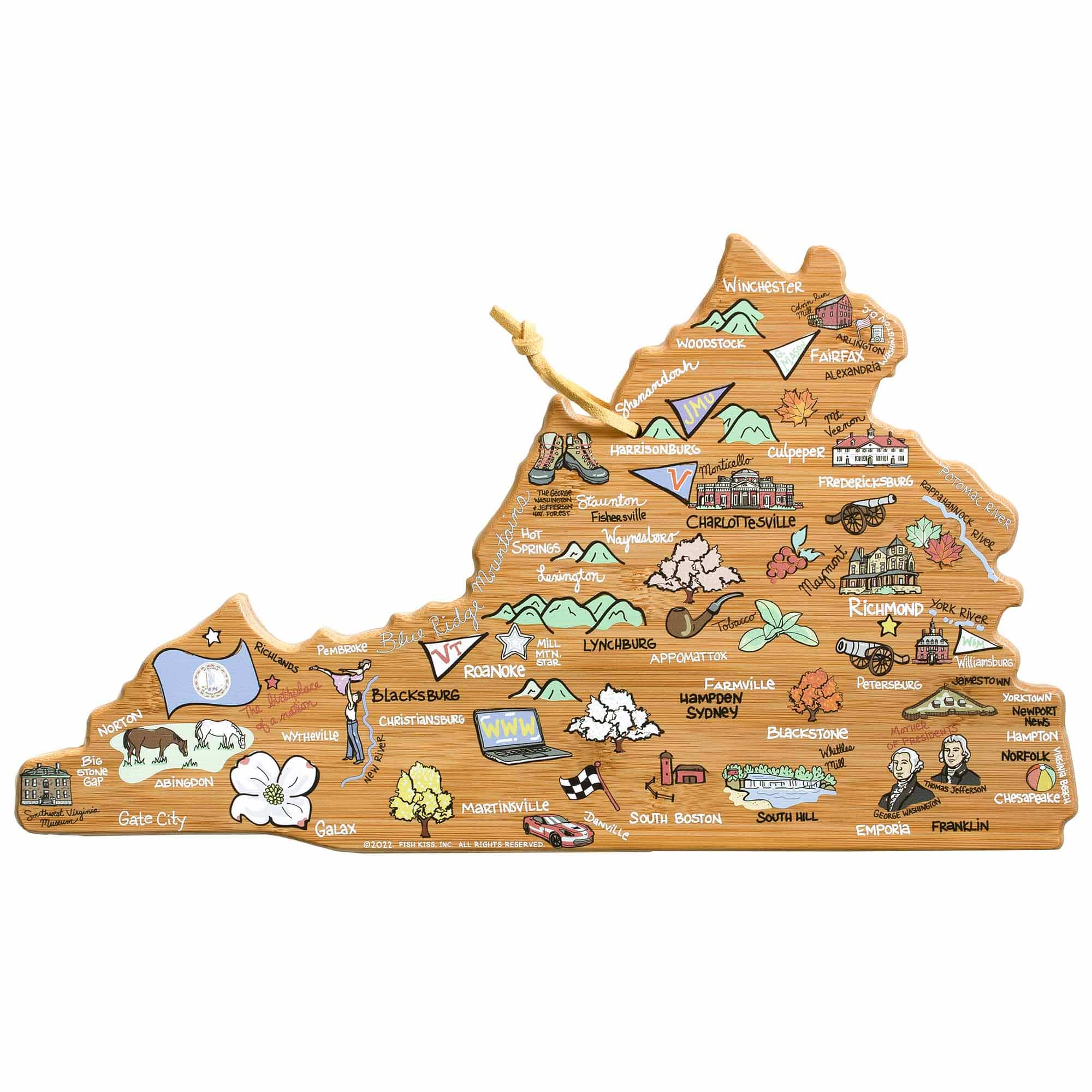 Virginia Handcrafted Wooden Cutting Board with Fish Kiss™ Artwork - Perfect for Kitchen, Charcuterie Boards & Home Decor Gifts