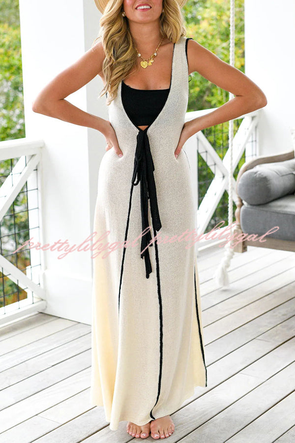Stylish Boat Neck Knit Contrast Self-Tie Flowy Oversized Maxi Dress for Women - Perfect for Beach Vacations, Summer Parties & Casual Outings