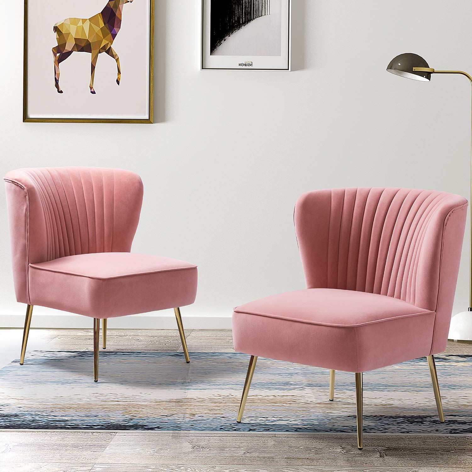Monica Velvet Armless Side Chair Set of 2 - Upholstered Accent Chairs with Golden Legs, Mid Century Modern Wingback Slipper Chairs for Living Room, Bedroom & Guest Room - Blush Pink - Perfect for Home Decor, Lounge Seating & Elegant Gatherings