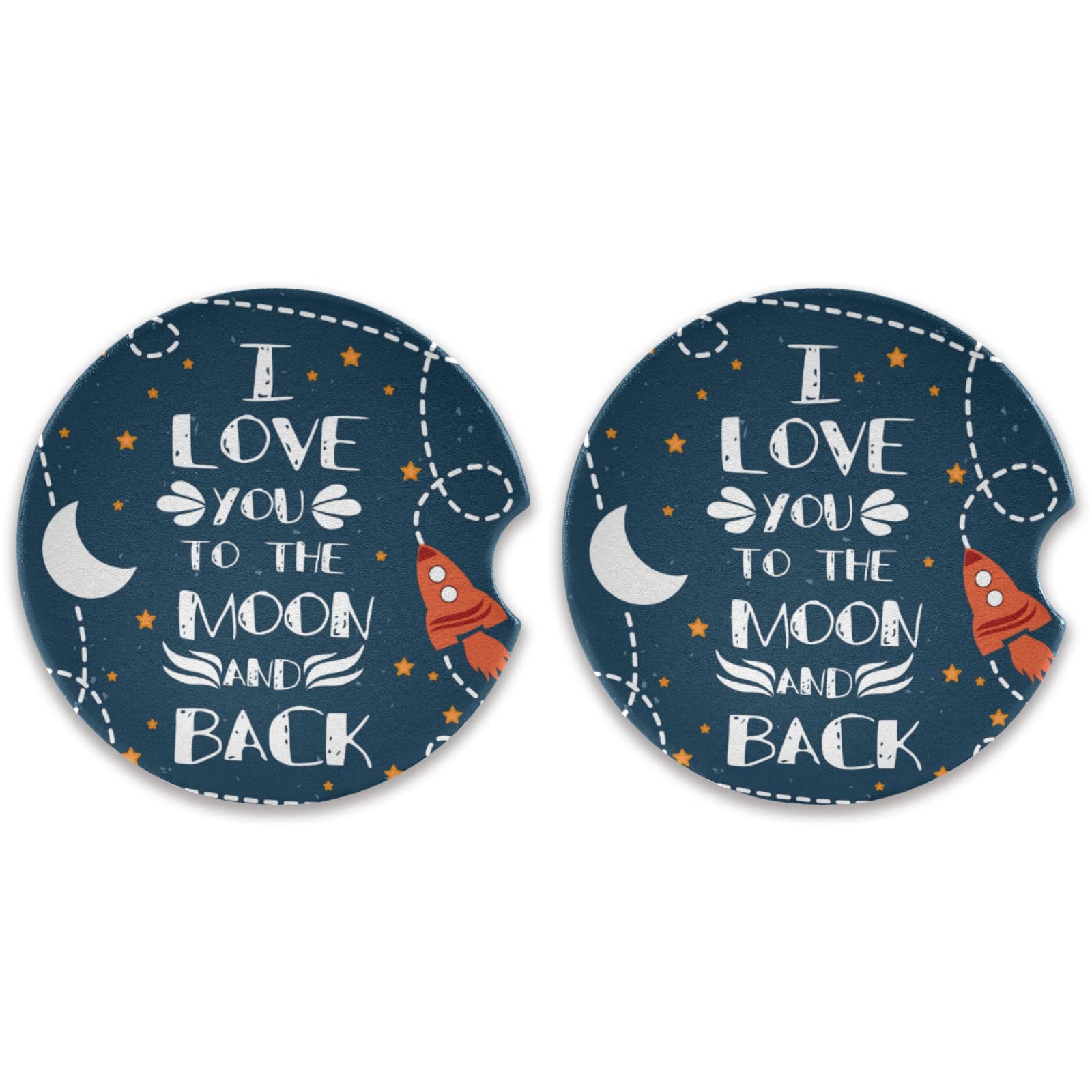 Valentine's Day Moon Rocket Car Coasters 2PCs - Absorbent Cup Mats with Cork Back for Cars