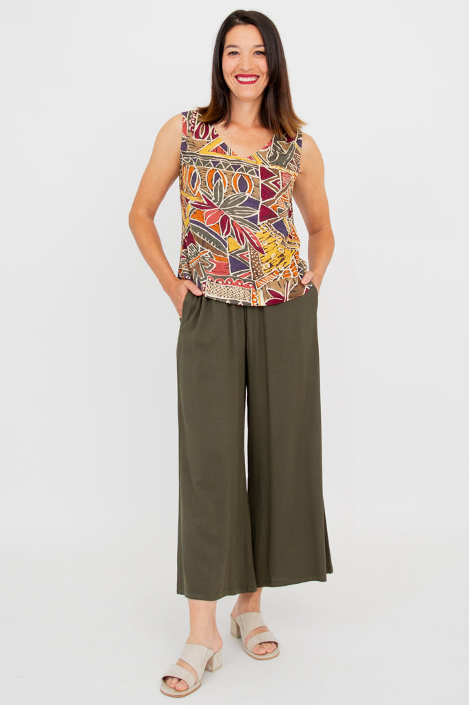 Havana Tank Top - Women's Tropical Print Linen Bamboo Blend Shirt for Summer Beach Vacation & Casual Outings