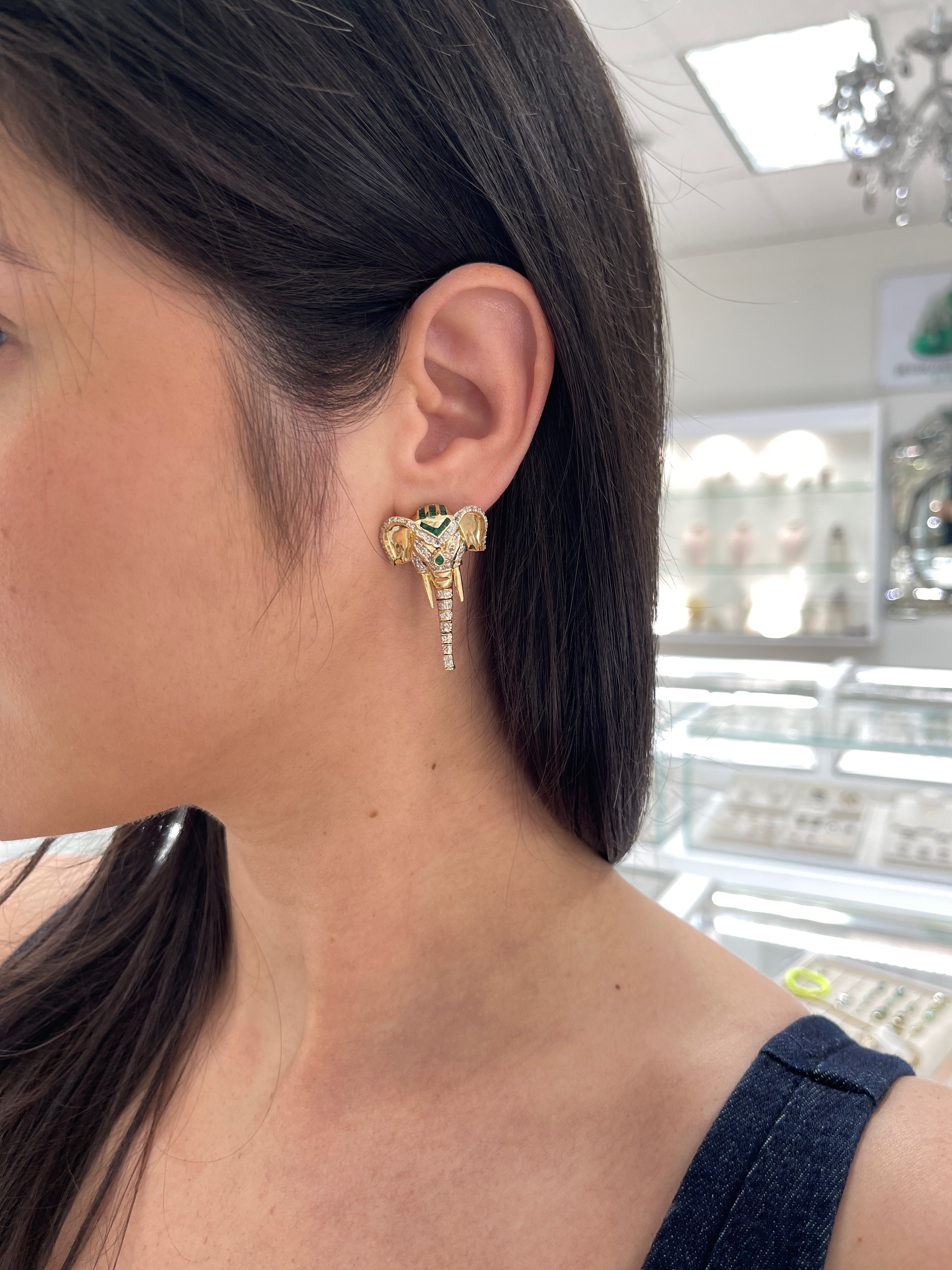 0.91tcw 14K Gold Elephant Earrings with Diamonds, Rubies & Emeralds - Moving Trunk Design for Women | Perfect Gift for Birthday, Anniversary & Special Occasions