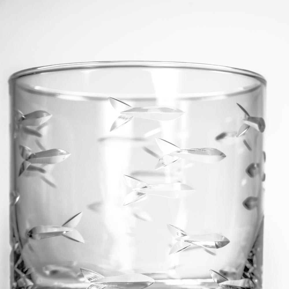 Premium 10oz Whiskey Glasses Set of 4 - School of Fish Design - Perfect for Scotch, Bourbon & Cocktails - Ideal for Home Bars, Gifts & Entertaining
