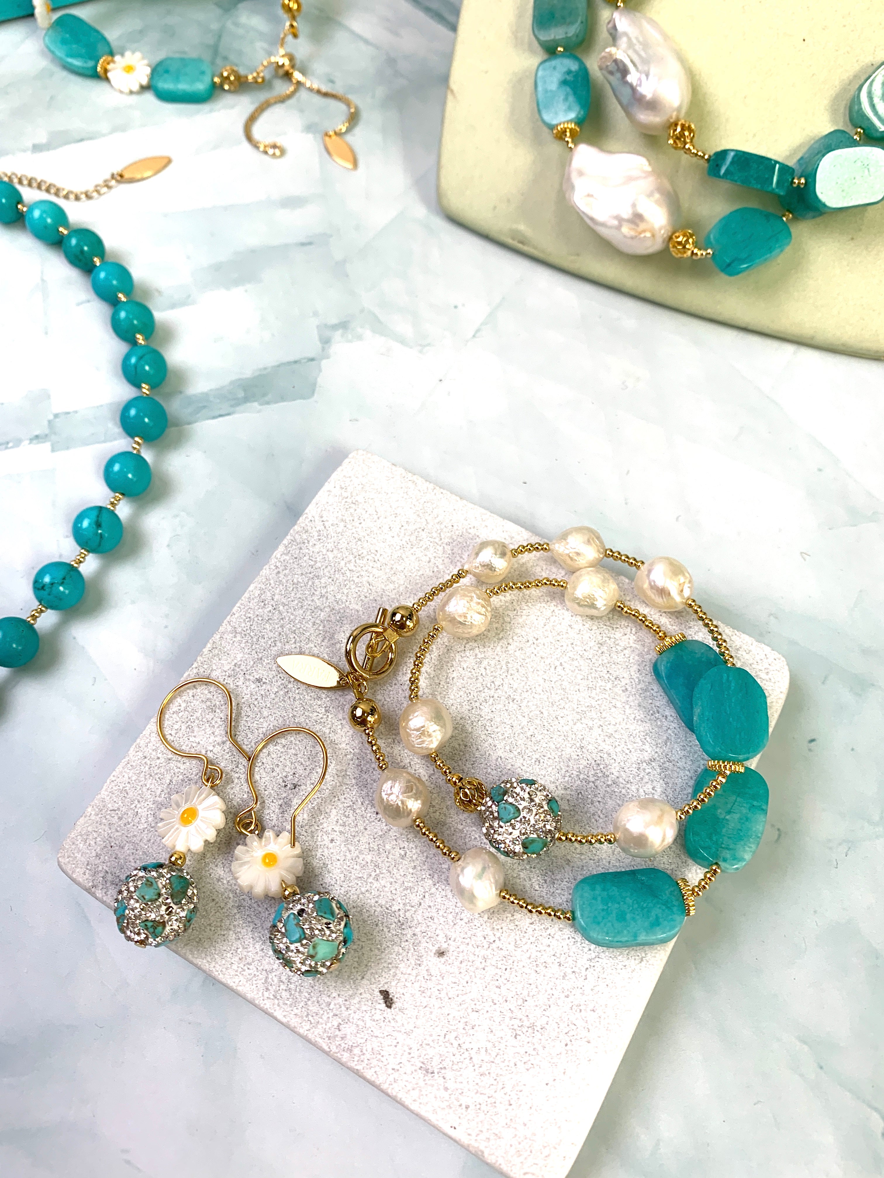Amazonite & Freshwater Pearl Double Wrapped Bracelet GB009 - Elegant Boho Jewelry for Women, Perfect for Weddings & Special Occasions
