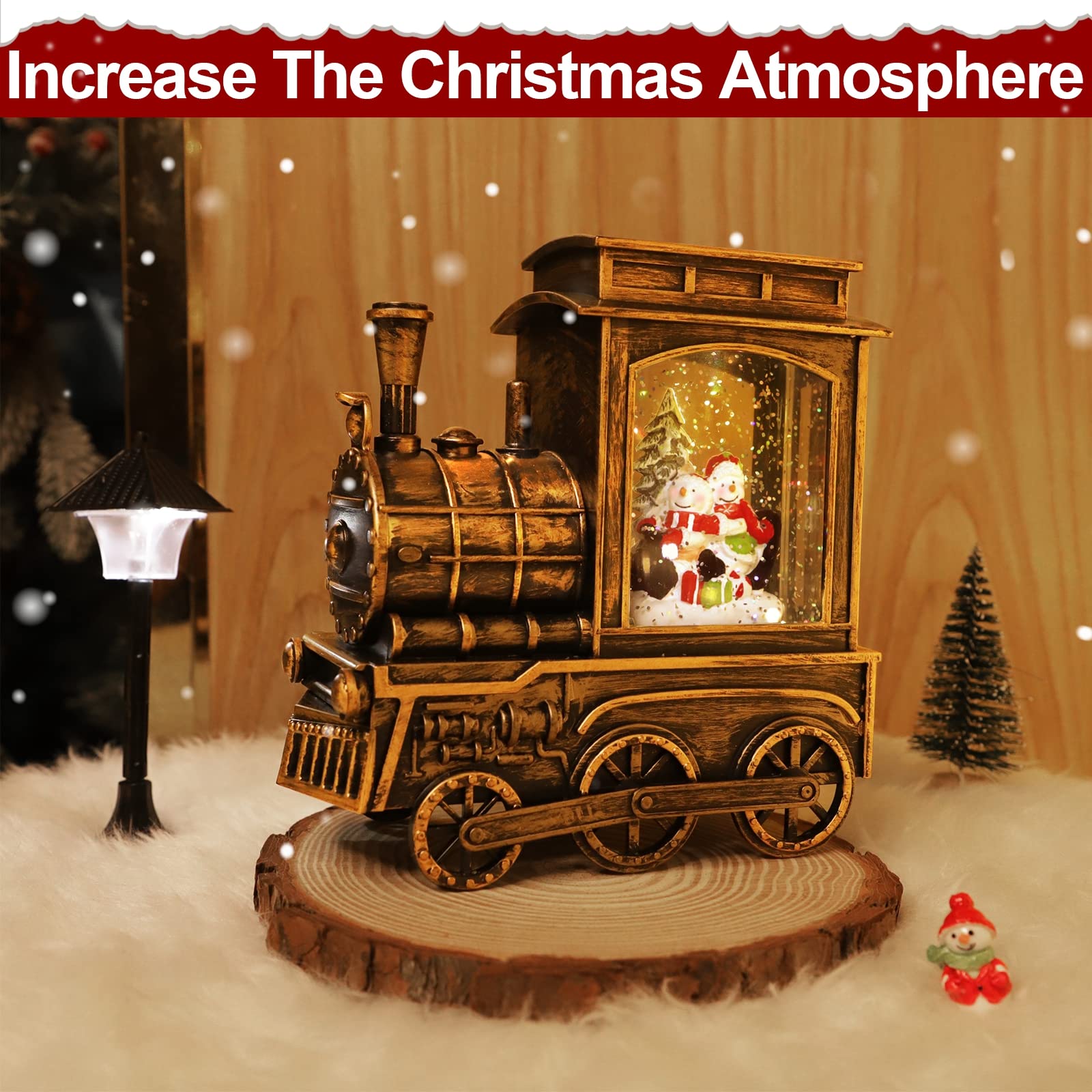 Christmas Snow Globe with Train, Music, Lights & Timer - 8 Holiday Songs, 2 Snowman Sledding Scene, Glittering Snow Globe Decor for Office & Home - Perfect Xmas Gift for Kids & Adults (Great for Mantel Decor, Holiday Parties & Festive Gift Exchanges)