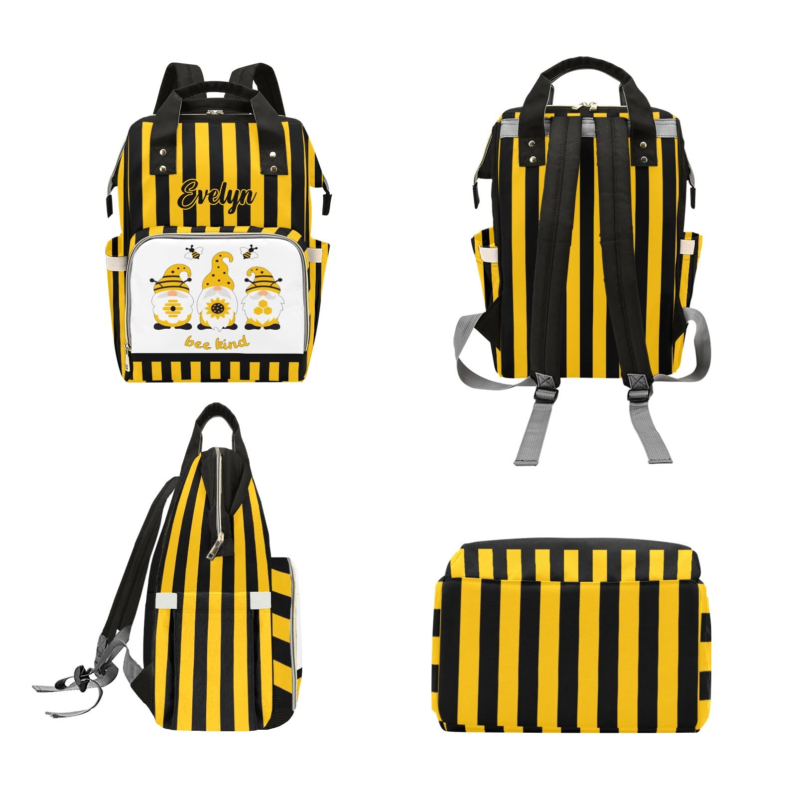 Personalized Diaper Bag Backpack Tote for Baby Shower Gift - Cute Gnomes & Bees Design, Custom Name Embroidery, Large Capacity for Diapers & Baby Essentials | Perfect for New Moms, Travel & Daycare Use