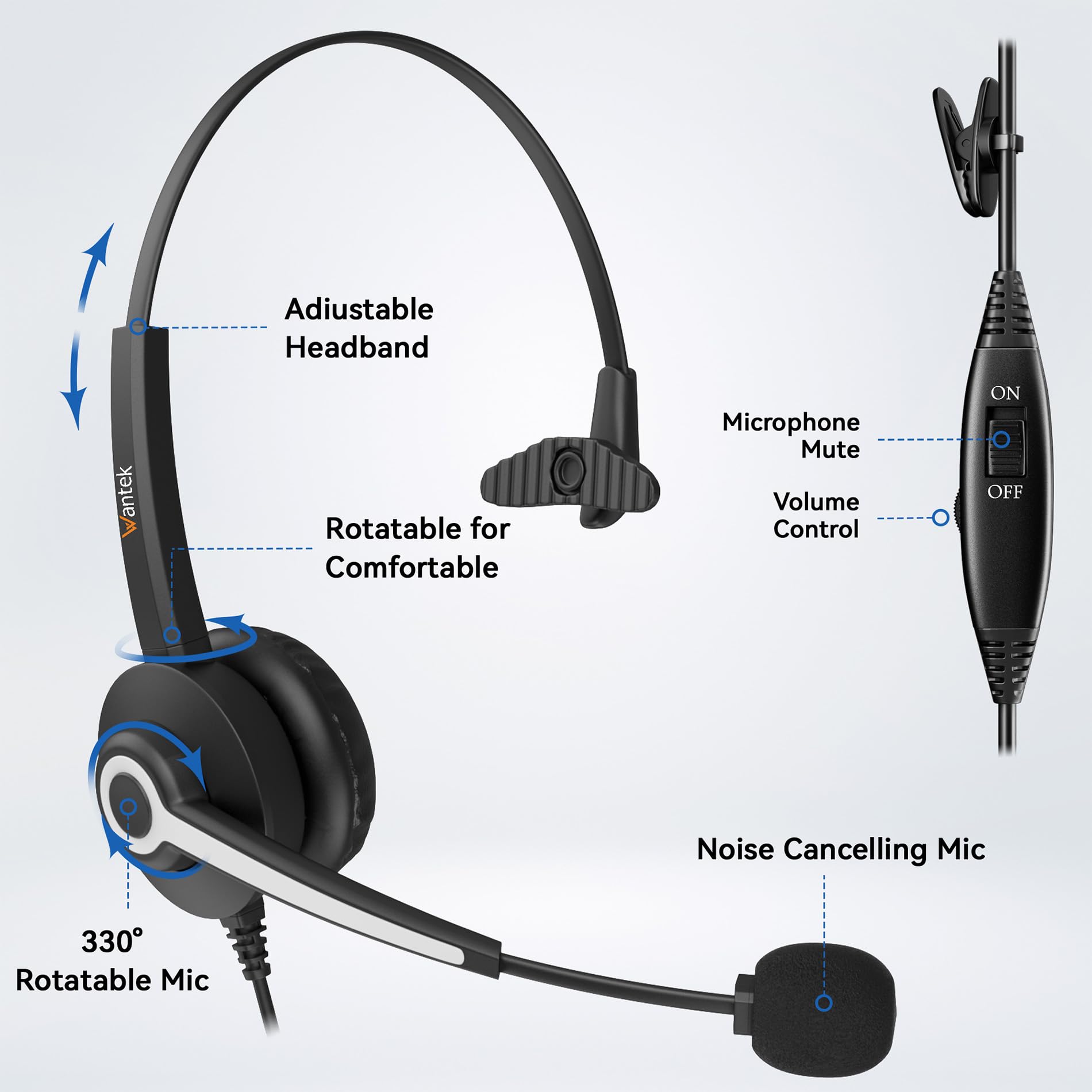 Wantek Mono Corded Telephone Headset with Noise Canceling Microphone - Compatible with ShoreTel, Plantronics, Polycom, Toshiba, NEC Dterm, Nortel, Norstar, Meridian, Siemens ROLM & Packet8 Landline Desk Phones - Ideal for Office, Call Center & Remote Work Communication