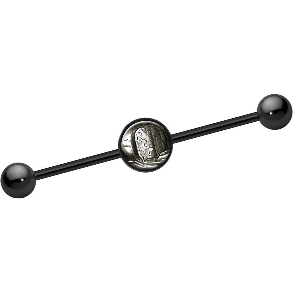 Black Anodized Stainless Steel Halloween RIP Tombstone Helix Earring - 14G 37mm Industrial Barbell Piercing Jewelry for Gothic & Punk Style (Perfect for Halloween Costumes, Alternative Fashion, and Body Modification Enthusiasts)