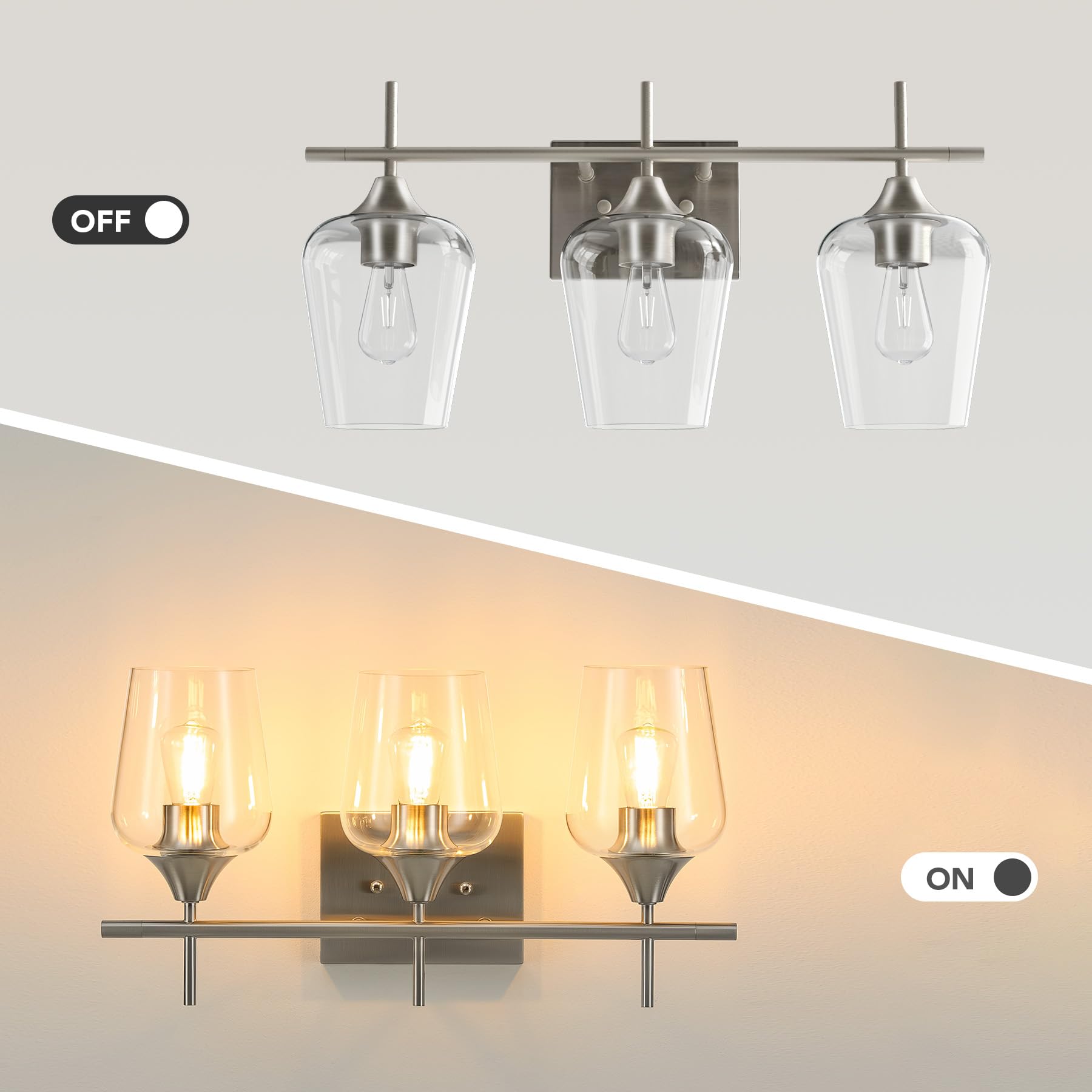 VONLUCE 3-Light Bathroom Vanity Light Fixture - Modern Brushed Nickel Wall Sconce with Clear Glass Shades for Mirror Lighting - Perfect for Bathroom, Bedroom, Hallway & Dressing Room Décor