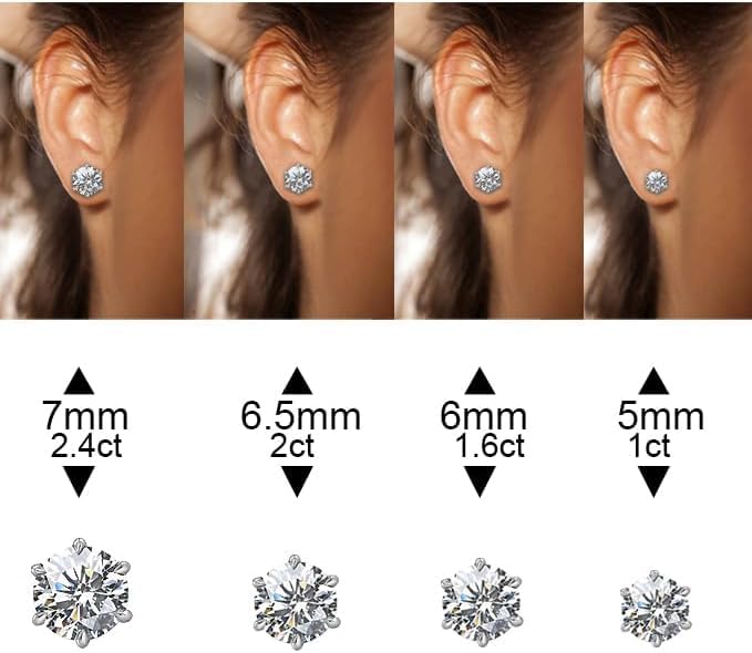 1-2.4ct Round Moissanite Stud Earrings for Women & Men - D Color VVS1 Clarity Lab-Created Diamond Alternative - 18K White Gold Vermeil & Solid 925 Sterling Silver - Perfect Anniversary, Birthday & Wedding Gift - Elegant for Everyday Wear, Date Nights & Special Occasions
