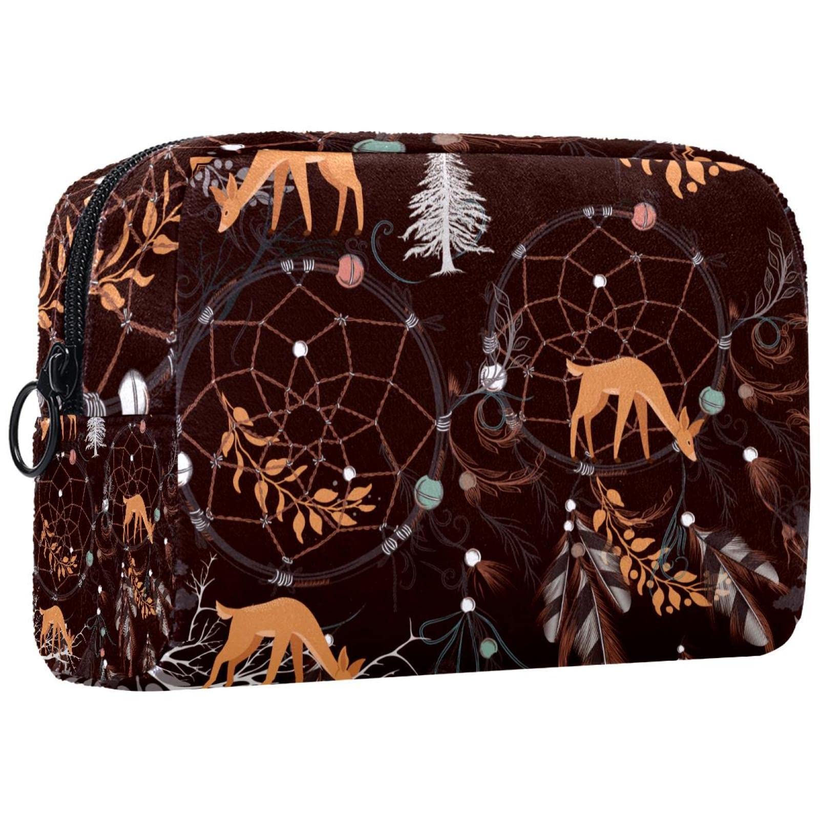 Small Makeup Bag for Women - Travel Cosmetic Pouch with Tribal Dreamcatcher Deer Print - Perfect for Travel, Gym & Everyday Use