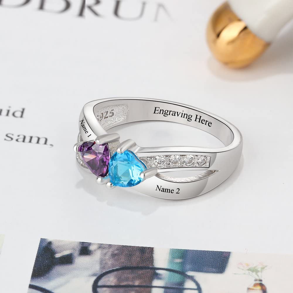 Personalized Simulated Birthstone Rings for Women - Custom Name Engraved Mothers Rings & Promise Rings - Perfect Gift for Mom, Anniversary, Wedding, or Valentine's Day