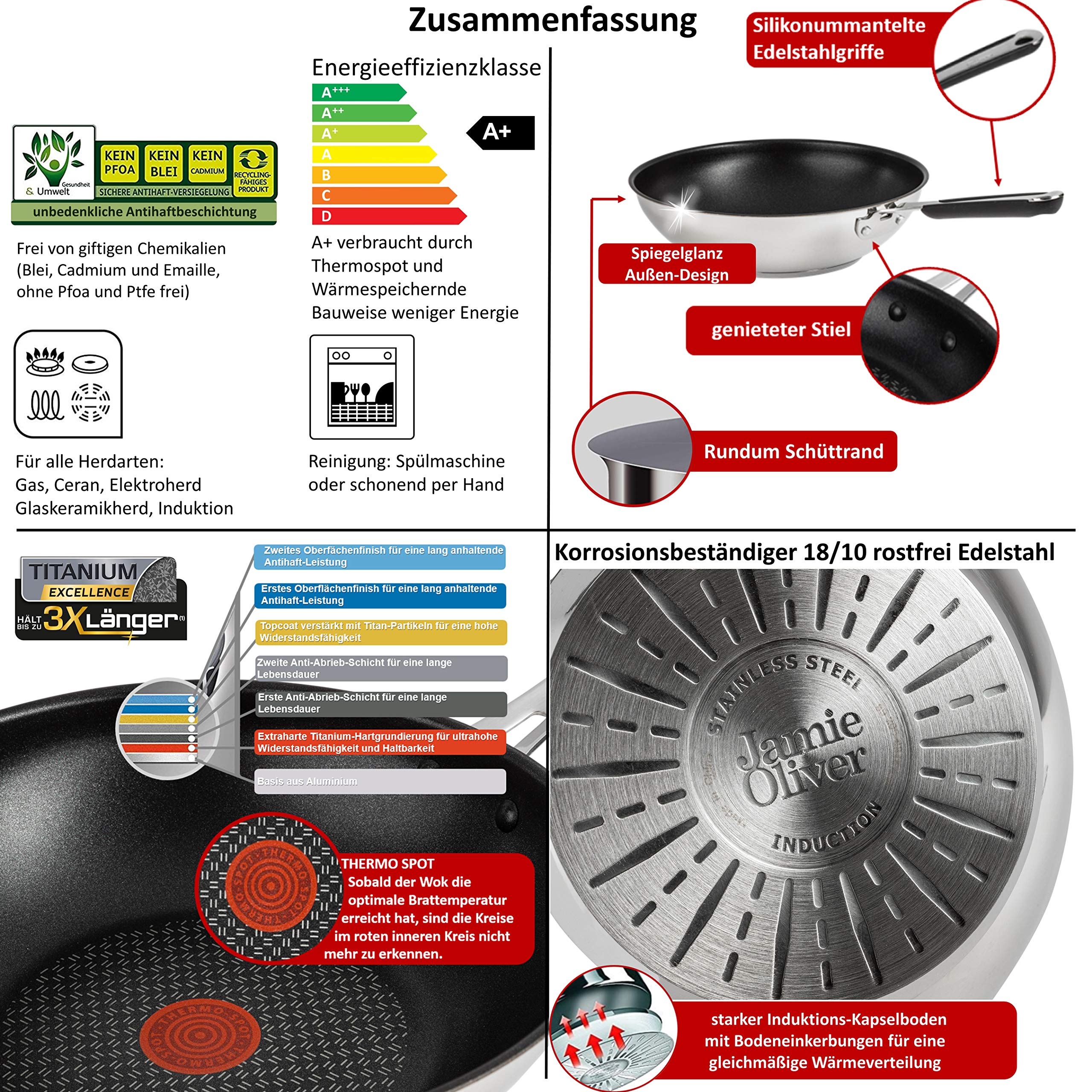Tefal Jamie Oliver Induction Wok Pan 28cm - Nonstick Dishwasher Safe Cookware with Slip-Resistant Handle, Compatible with All Stovetops (Silver) - Perfect for Stir-Frying, Sautéing & Asian Cooking