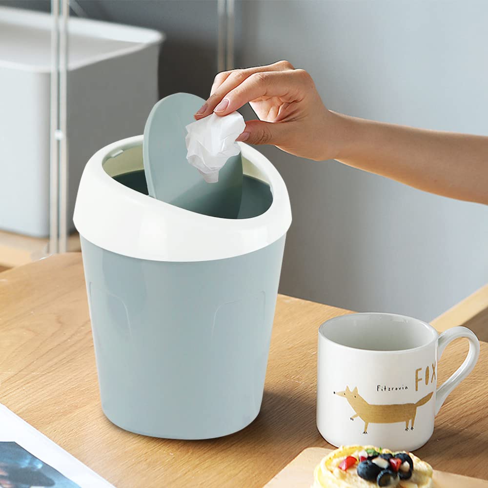 2PCS Mini Plastic Waste Baskets with Swing Lid & 4 Bin Liners - Compact Bathroom Trash Can for Home, Office, Vanity, Bedroom - 10.5x10.5x16.5cm (Green & Blue) | Perfect for Small Spaces, Makeup Organization & Desk Use