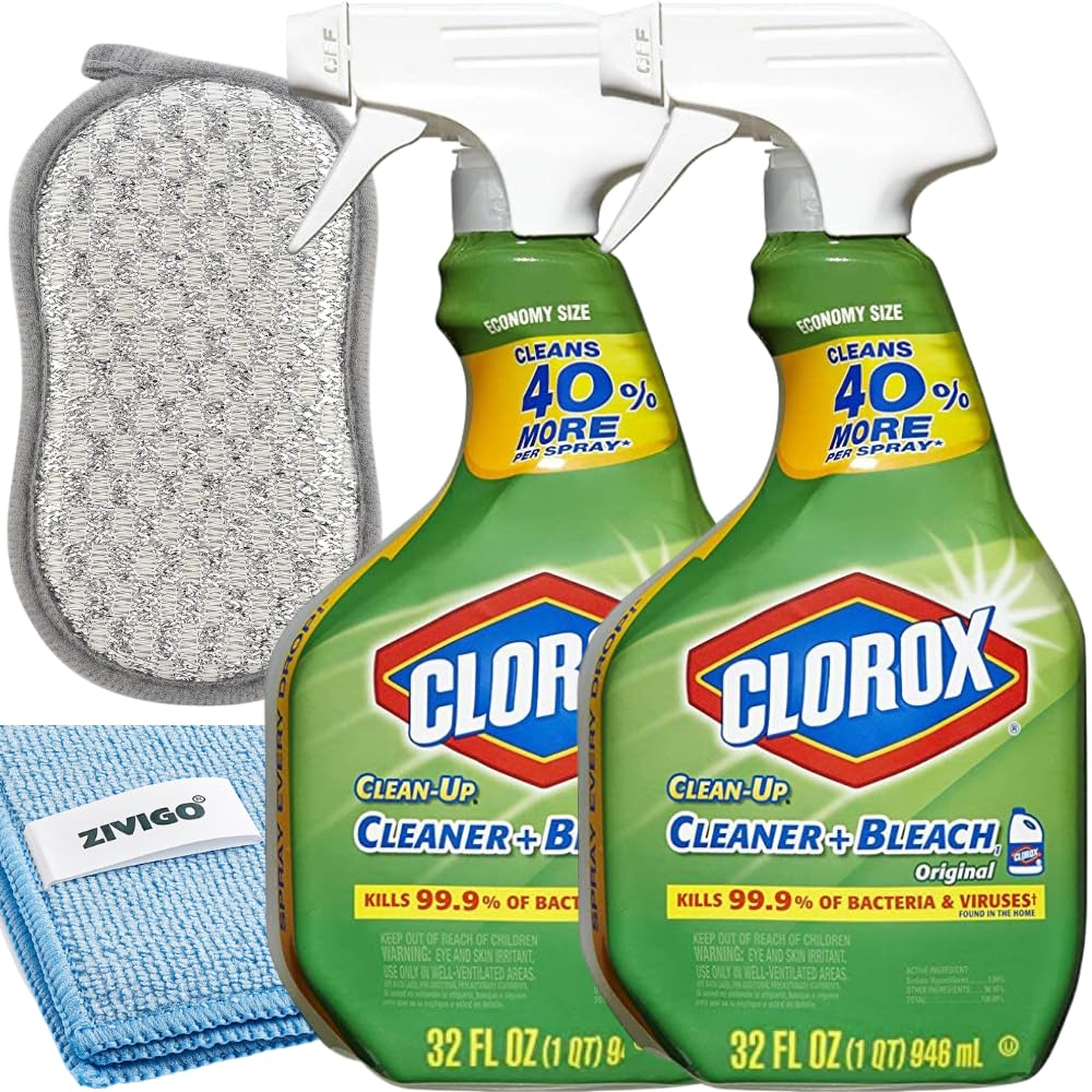 2-Pack Clorox Clean-Up Cleaner + Bleach Spray 32 fl. oz Bundle with Microfiber Cleaning Towel & Scrubbing Sponge - Kitchen, Bathroom & Household Disinfecting