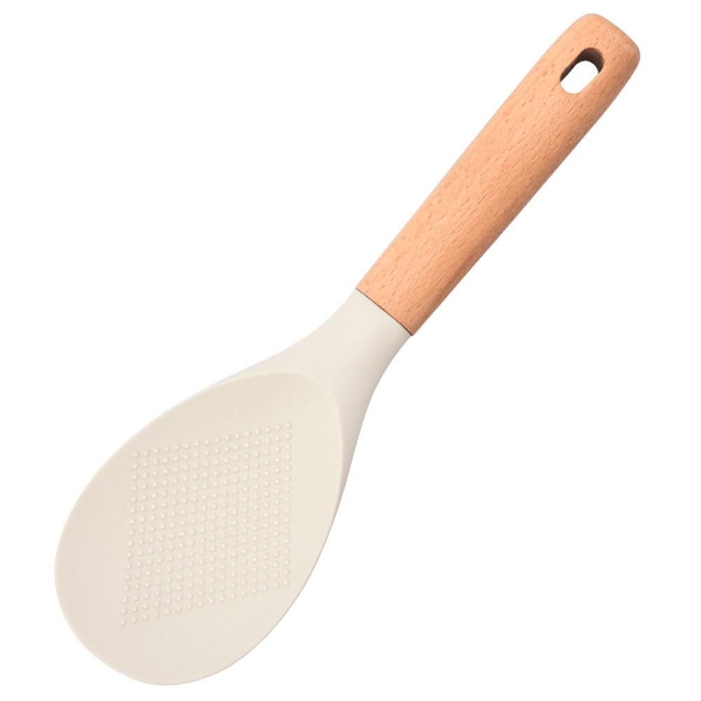 Kichvoe Wooden Handle Silicone Rice Spoon - Non-Stick Rice Paddle & Scooper for Cooking, Serving - Perfect for Rice Bowls, Sushi, Stir Fry & Meal Prep