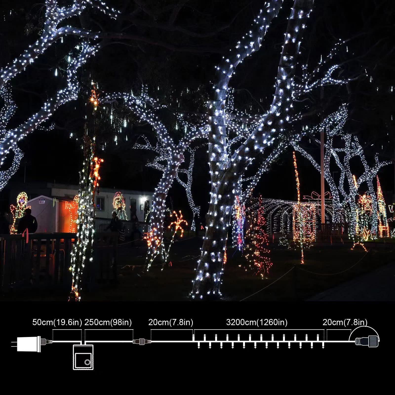 105FT 360 LED Outdoor String Lights White - Extendable Waterproof Christmas Lights with 8 Lighting Modes & Timer - Perfect for Holiday Party, Wedding, Garden, Patio and Bedroom Decorations
