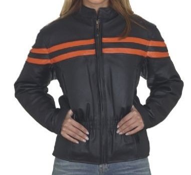 Women's Vented Leather Motorcycle Jacket with Orange Stripes - Breathable Biker Jacket for Riding & Street Fashion