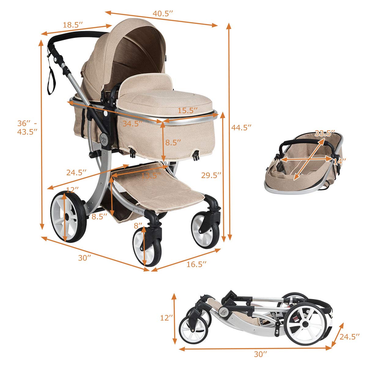 Honey Joy Baby Stroller - Convertible Infant Bassinet with Adjustable Canopy & Backrest, Foldable Newborn Carriage with Storage Basket & Foot Cover (Beige) | Perfect for Walks, Shopping & Travel