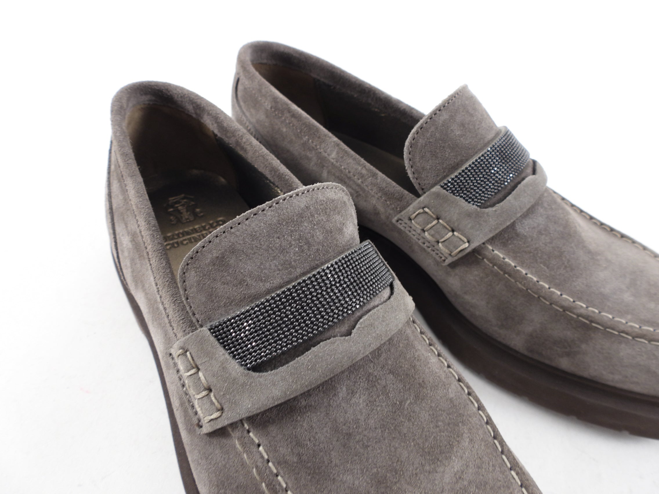 Brunello Cucinelli Grey Suede Monili Loafers Size 37 | Luxury Italian Leather Slip-On Shoes for Women | Perfect for Office, Travel & Special Occasions