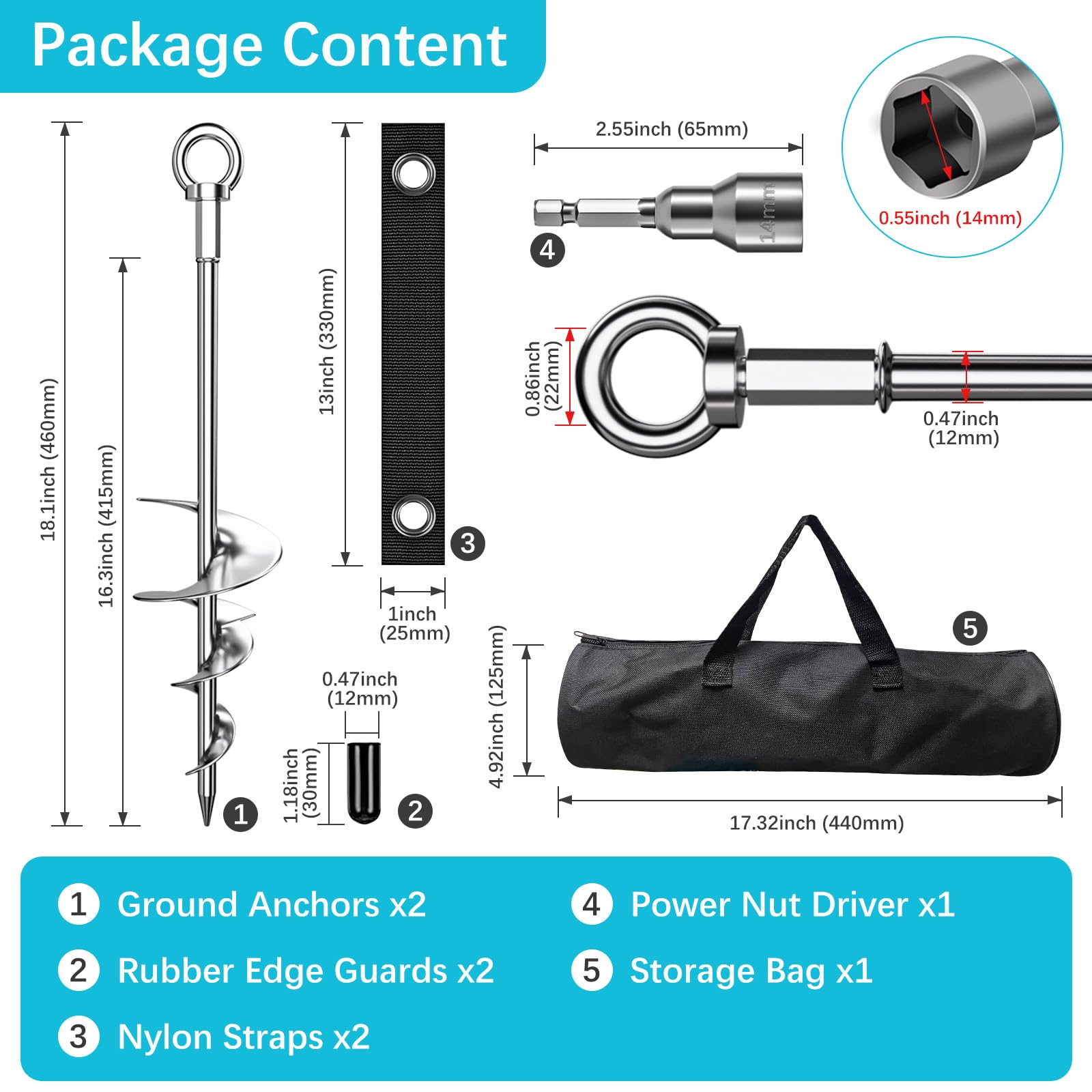 Heavy Duty 18'' Fully Welded Screw-in Ground Anchors - Chrome Plated Anti-Rust Swing Set Anchors with Straps for Dogs, Trampolines & Outdoor Equipment - Wind Resistant for Backyard, Playground & Garden Use