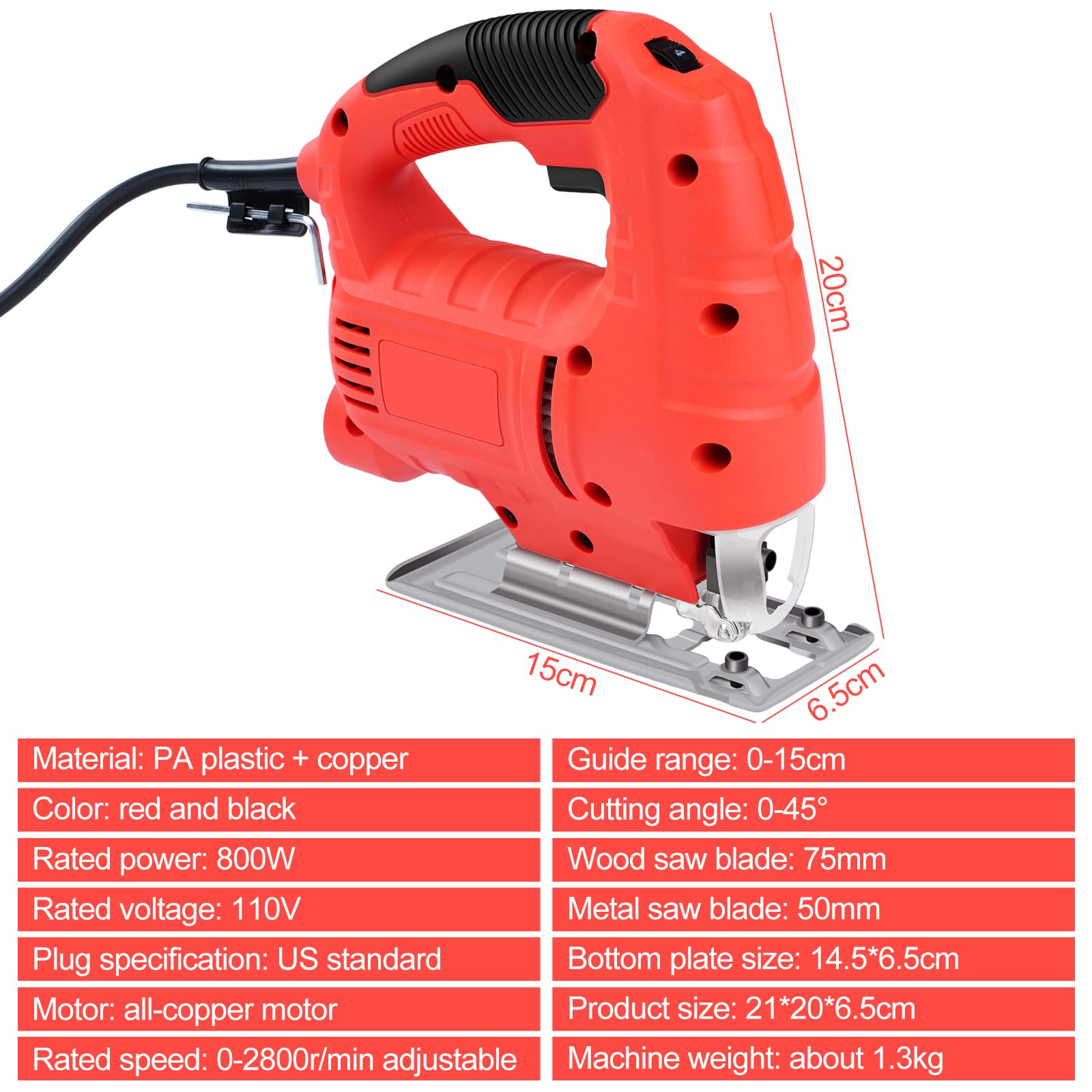 800W Corded Electric Jigsaw Power Tool Kit - 6 Variable Speed Settings with 10 Blades & Edge Guide - Professional Wood, Metal & Plastic Cutting Saw for DIY Projects, Home Renovation & Craft Work