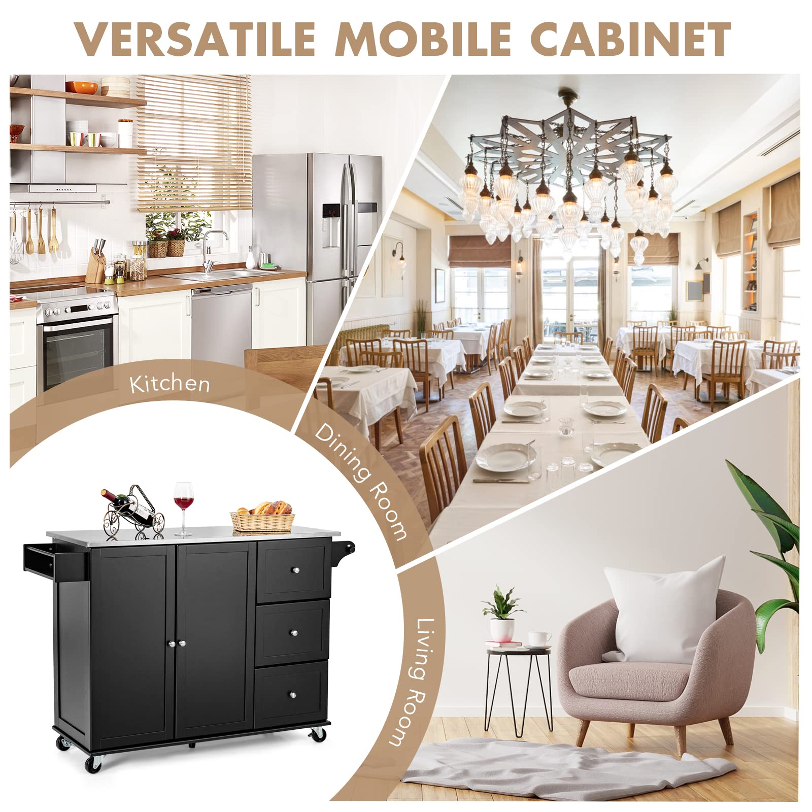 Giantex Kitchen Island with Stainless Steel Countertop - Mobile Kitchen Cart with 3 Drawers, Adjustable Shelves, 2-Door Cabinet & Spice Rack - Perfect for Small Kitchens, Food Prep & Extra Storage Space