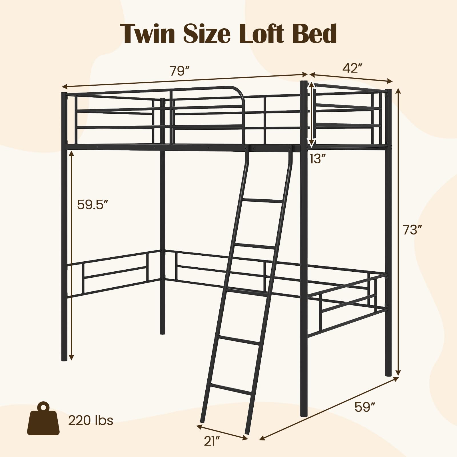 Giantex Twin Size Metal Loft Bed Frame with Ladder & Safety Guardrail - Space Saving Bunk Bed for Teens and Adults - No Box Spring Needed - Black - Perfect for Small Bedrooms, Dorms, and Studio Apartments