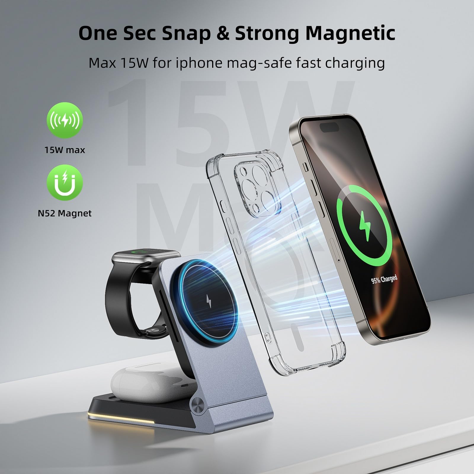 3-in-1 Foldable Aluminum Wireless Charging Station with MagSafe - Fast Charging for iPhone 16/15/14 Series, Apple Watch & AirPods - Includes PD 20W Adapter & Travel Case - Perfect for Home, Office & Travel Use