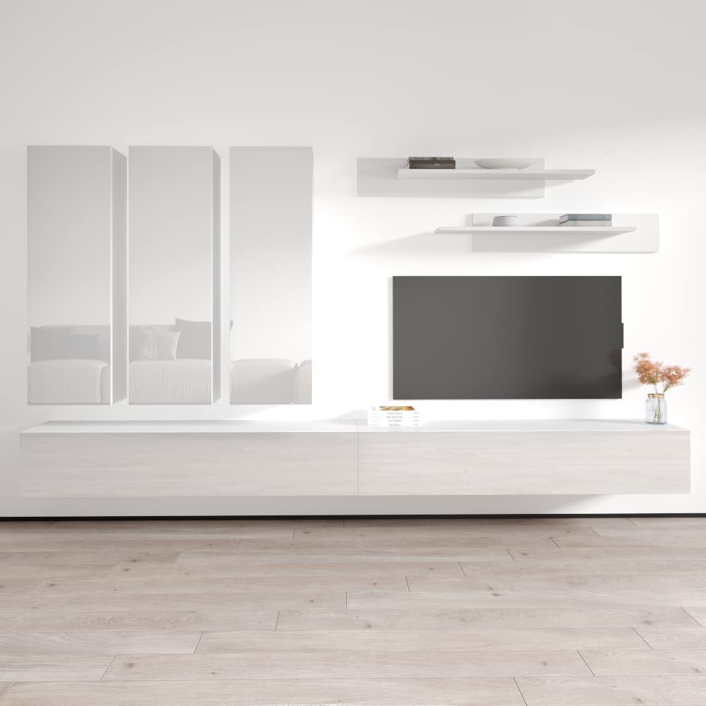 Modern White Wall-Mounted TV Stand with Storage Shelves & LED Lights - E1 30TV Floating Entertainment Center for Bedroom & Living Room - Perfect for Small Spaces & Home Theater Setup