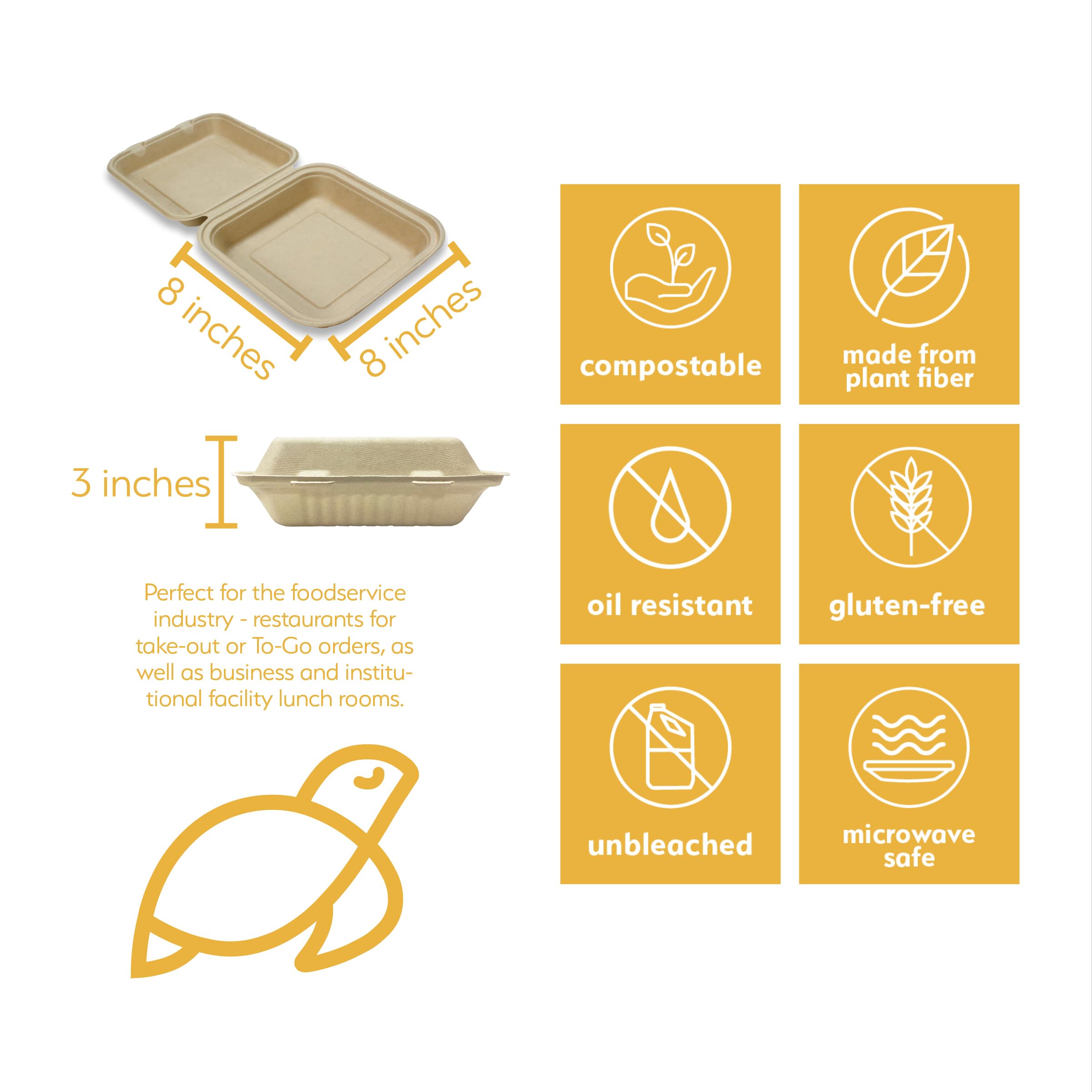 Eco-Friendly 8x8 Inch Compostable Food Containers with Lids - 200 Pack Biodegradable Takeout Boxes for Restaurants, Catering & Picnics | Heavy-Duty Unbleached Disposable Containers by Earth's Natural Alternative
